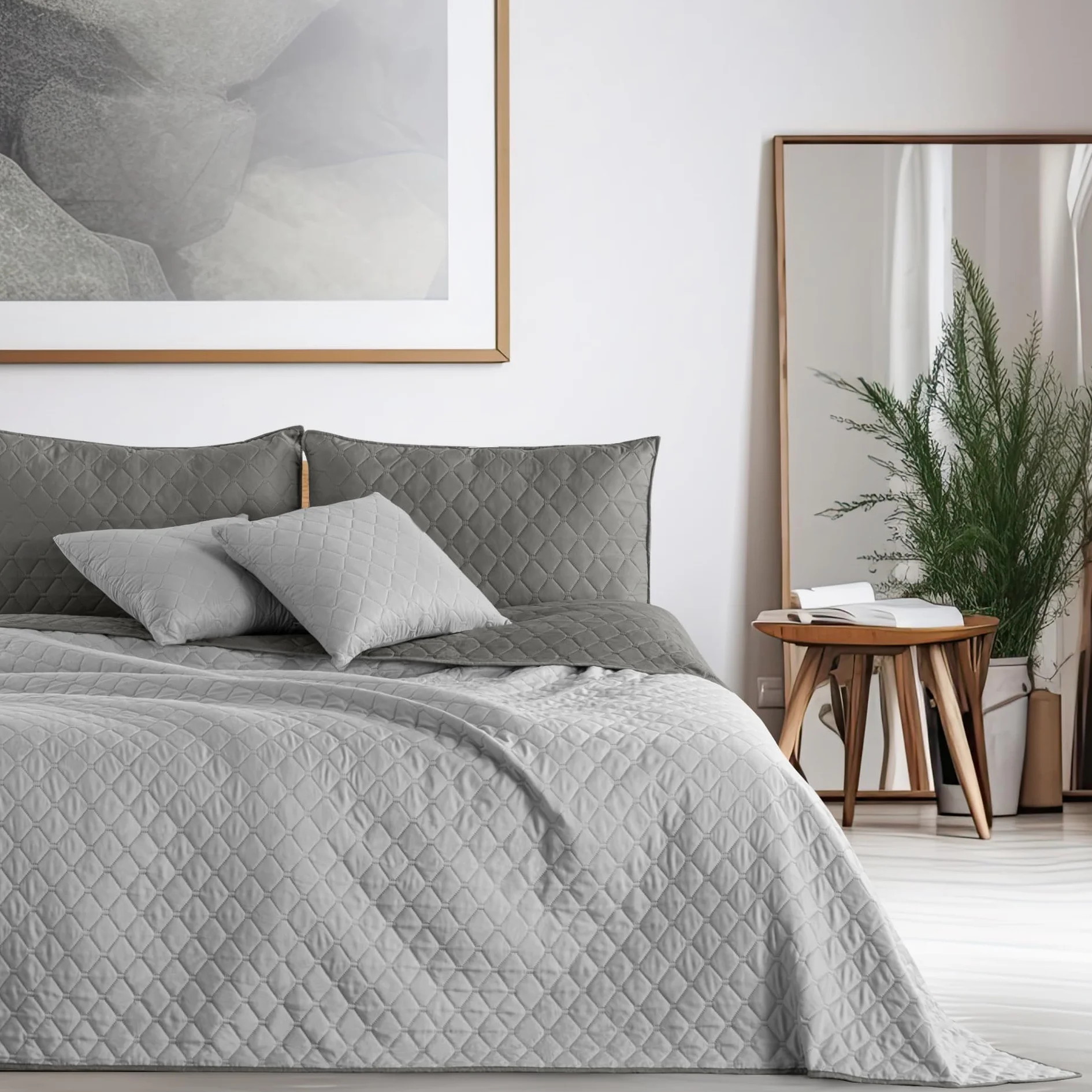 DecoKing Narzuta Na Łóżko 200 x 220 cm Szara Srebrna Dwustronna Pikowana Łatwa W Pielęgnacji Axel