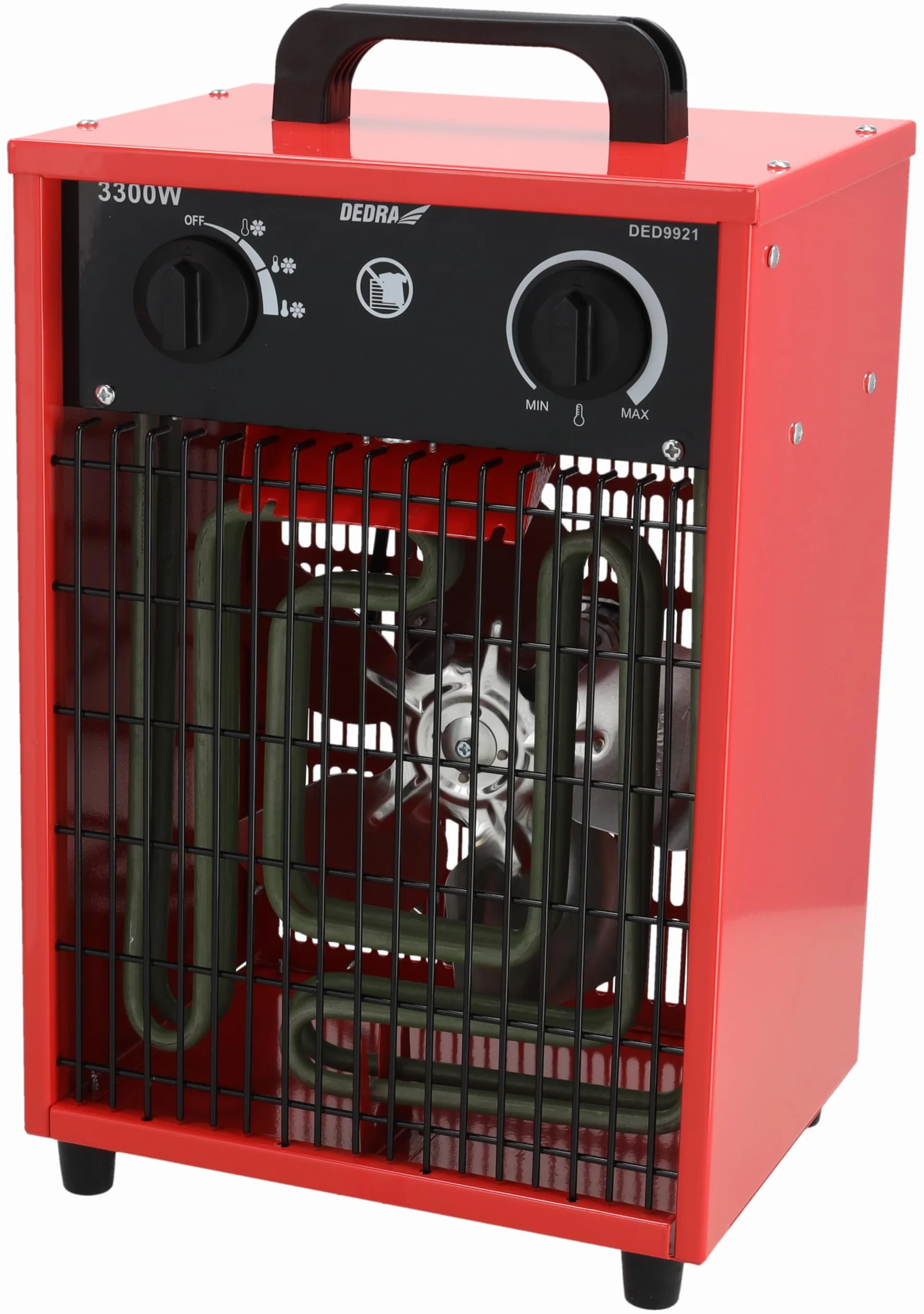 Dedra DED9921 – nagrzewnica elektryczna 3,3 kW, 230 V, 3 tryby pracy (wentylator, 1650 W, 3300 W), termostat, zabezpieczenie przed przegrzaniem, metalowa obudowa, uchwyt transportowy, do ~ 35m2