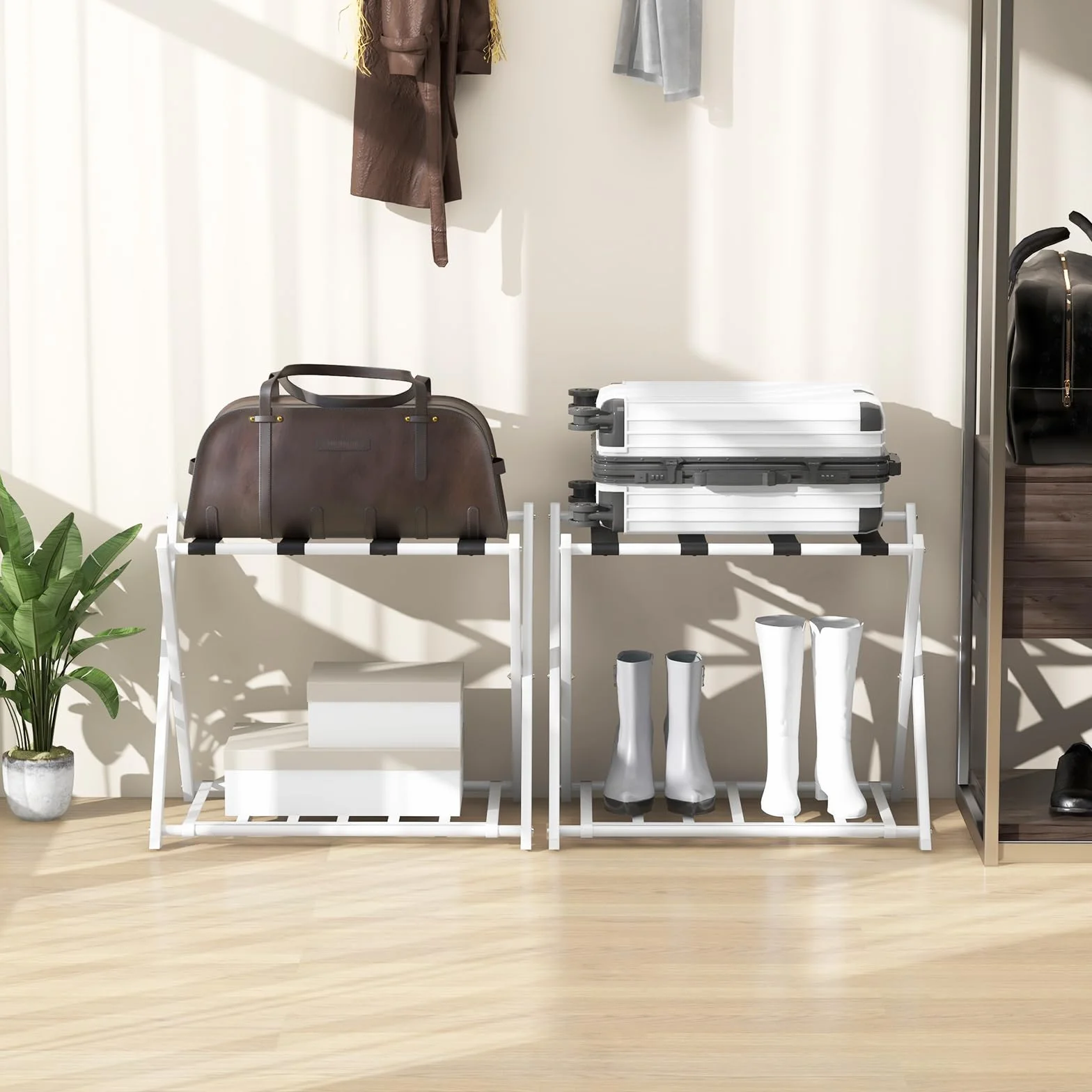 COSTWAY Stojak na walizkę, składany, 2-poziomowy design, metalowy stojak na walizkę, do sypialni, pokoju gościnnego, hotelu (biały, pojedynczy)