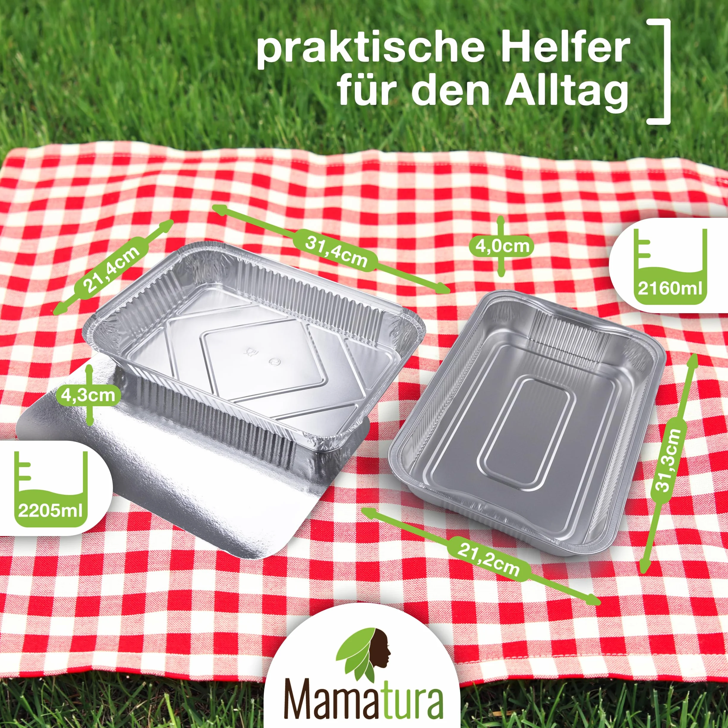 Zestaw 25 aluminiowych miseczek XL z pokrywkami, 25 misek aluminiowych, 32 x 22 cm, 2100 ml, duży format prostokątny, odporny na wysoką temperaturę, 25 szt