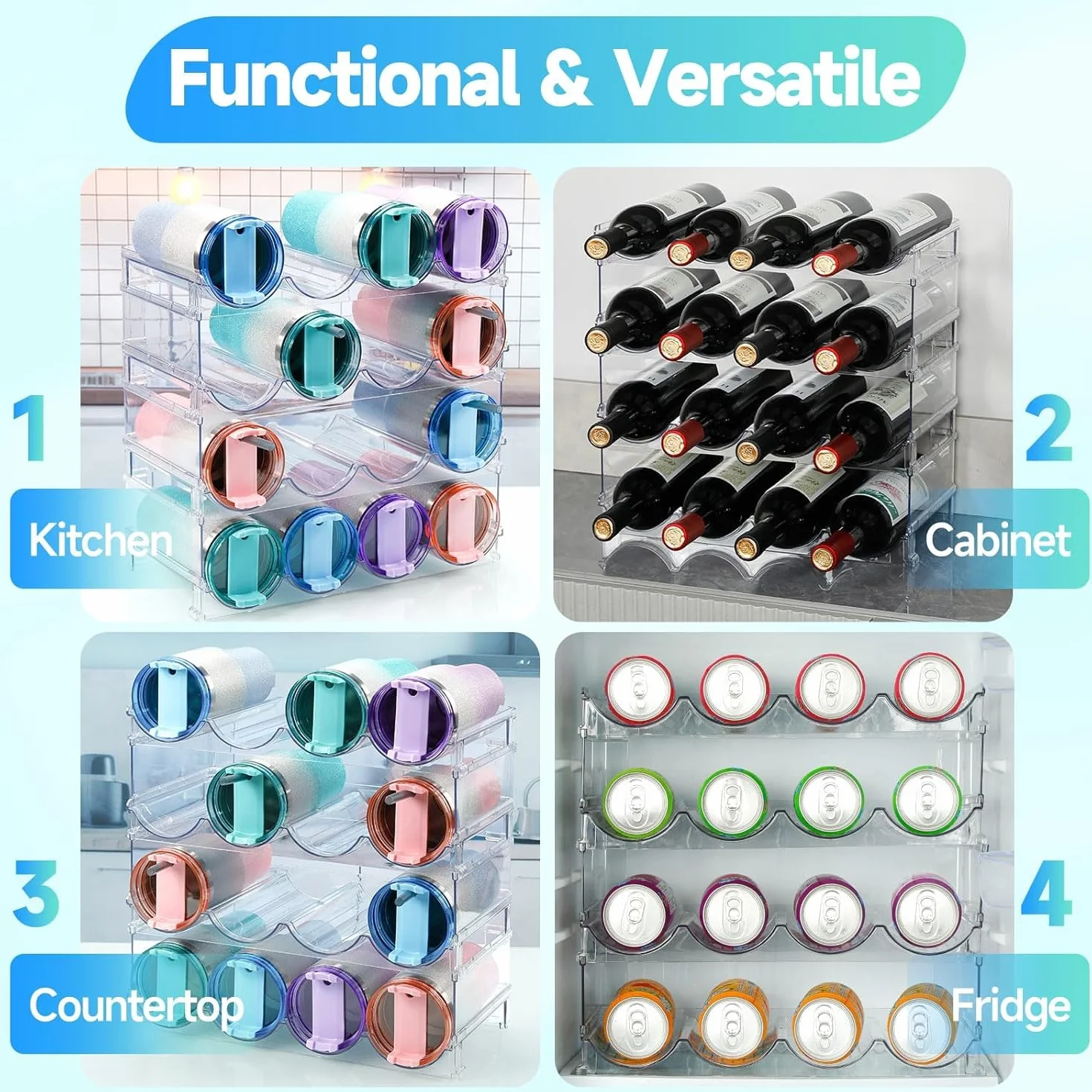 KAHEIGN Organizery na butelki wody, 39 x 21 cm, przezroczysty stojak do przechowywania kubków do układania w stos, plastikowy uchwyt na butelkę wody, do lodówki, szafki kuchennej, spiżarni, butelek