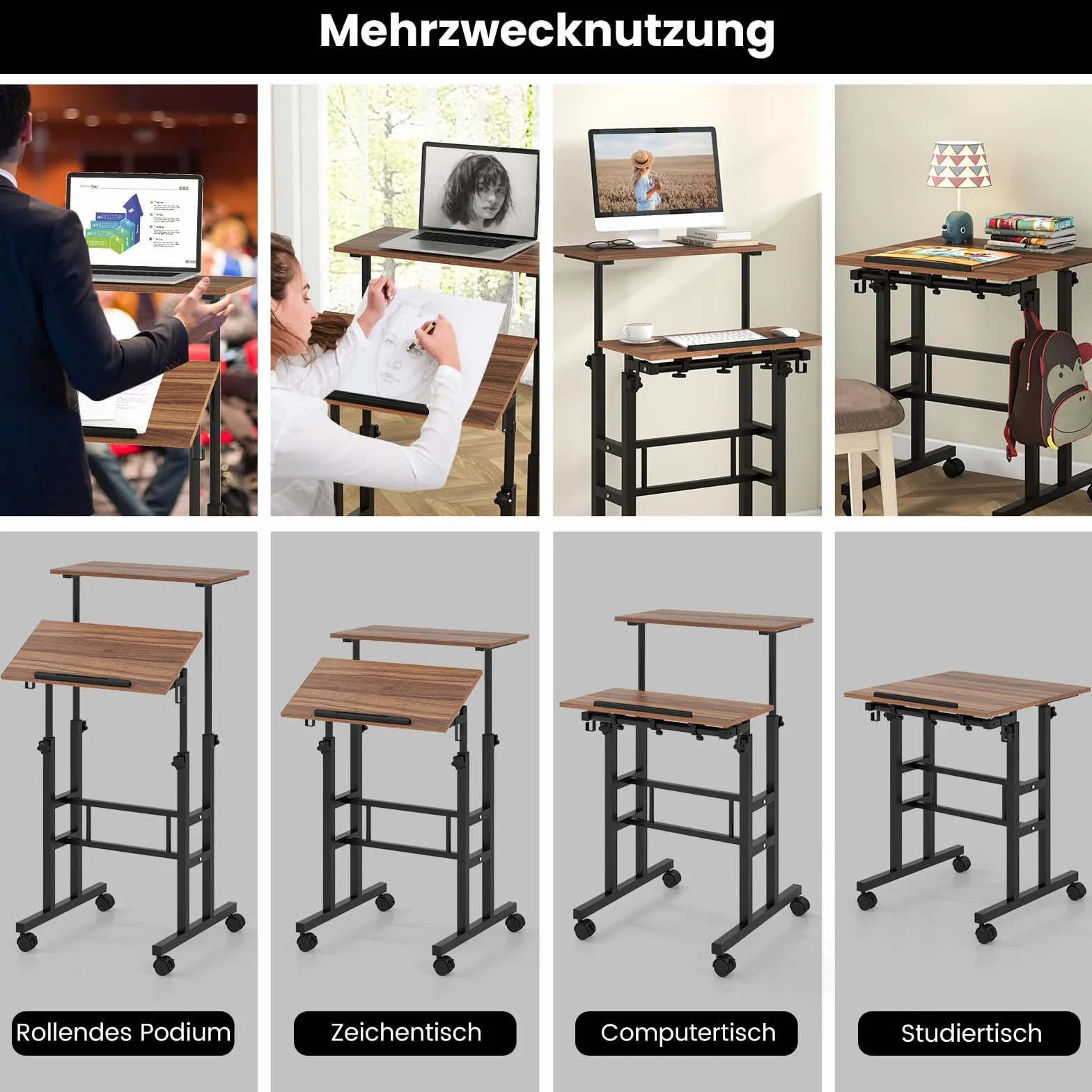 COSTWAY Biurko stojące z regulacją wysokości, mobilne biurko komputerowe z kółkami, odchylany blat stołu i 2 haczyki, biurko, stolik do stojącego siedzenia, stolik na laptopa do domu, biura (orzech