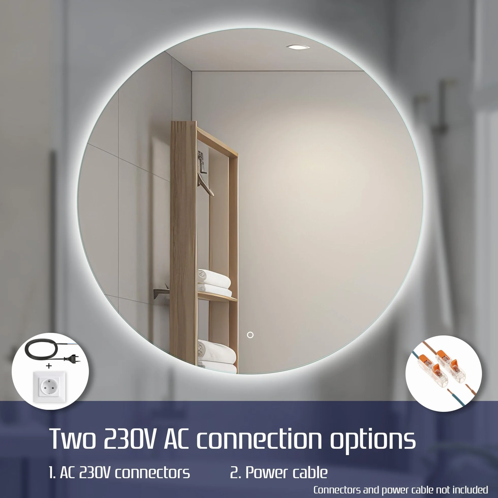 Okrągłe lustro łazienkowe 80 cm z oświetleniem LED, Okrągłe lustro ścienne LED z włącznikiem, Lustro z naturalnym białym światłem, Podświetlane z tyłu