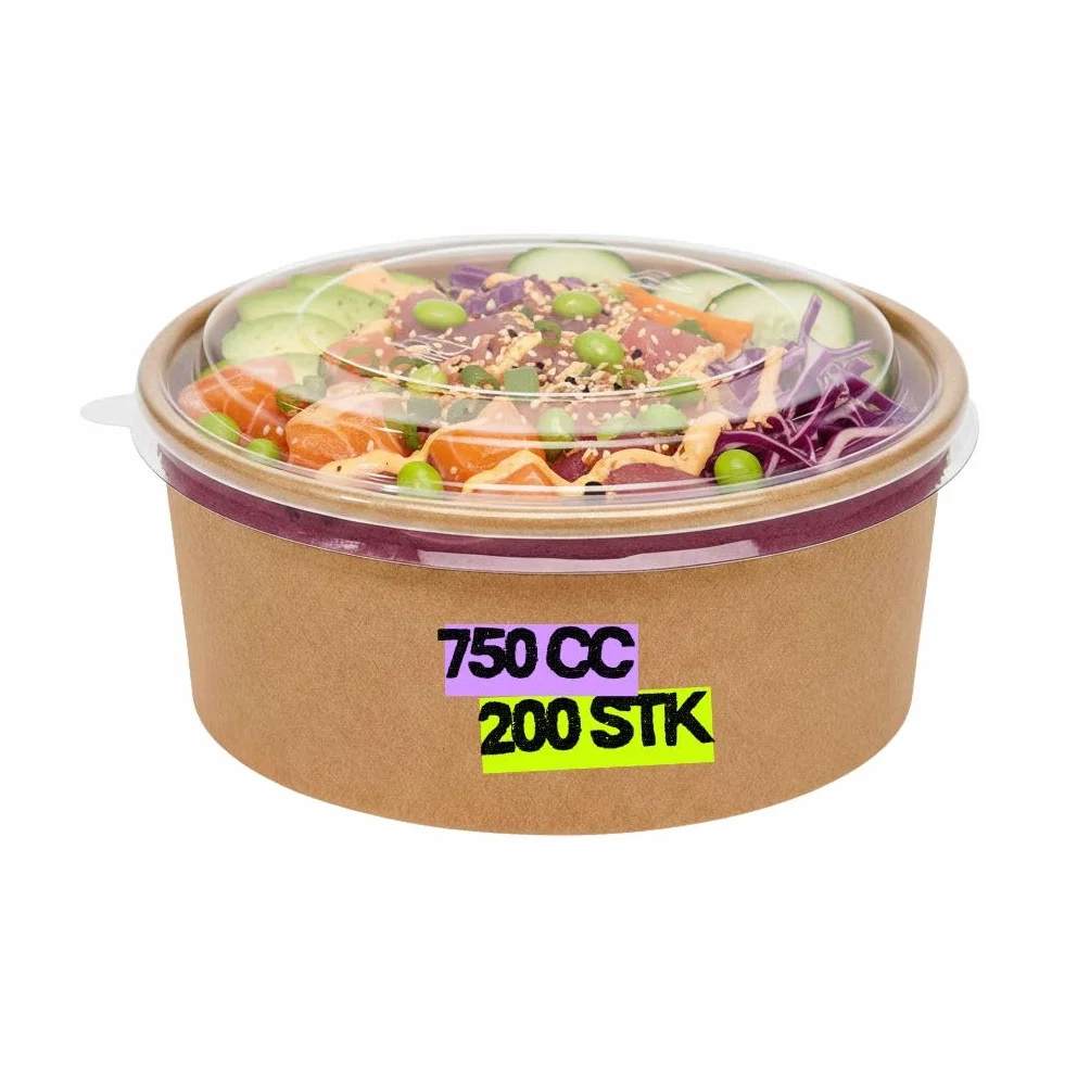 Inoverse Kraft 200 sztuk miseczek do sałatek z pokrywką 750 ml – papierowe miseczki do sałatek, jednorazowych miseczek papierowych do sałatek, zup, musli, przekąsek, okrągłe, z twardego papieru