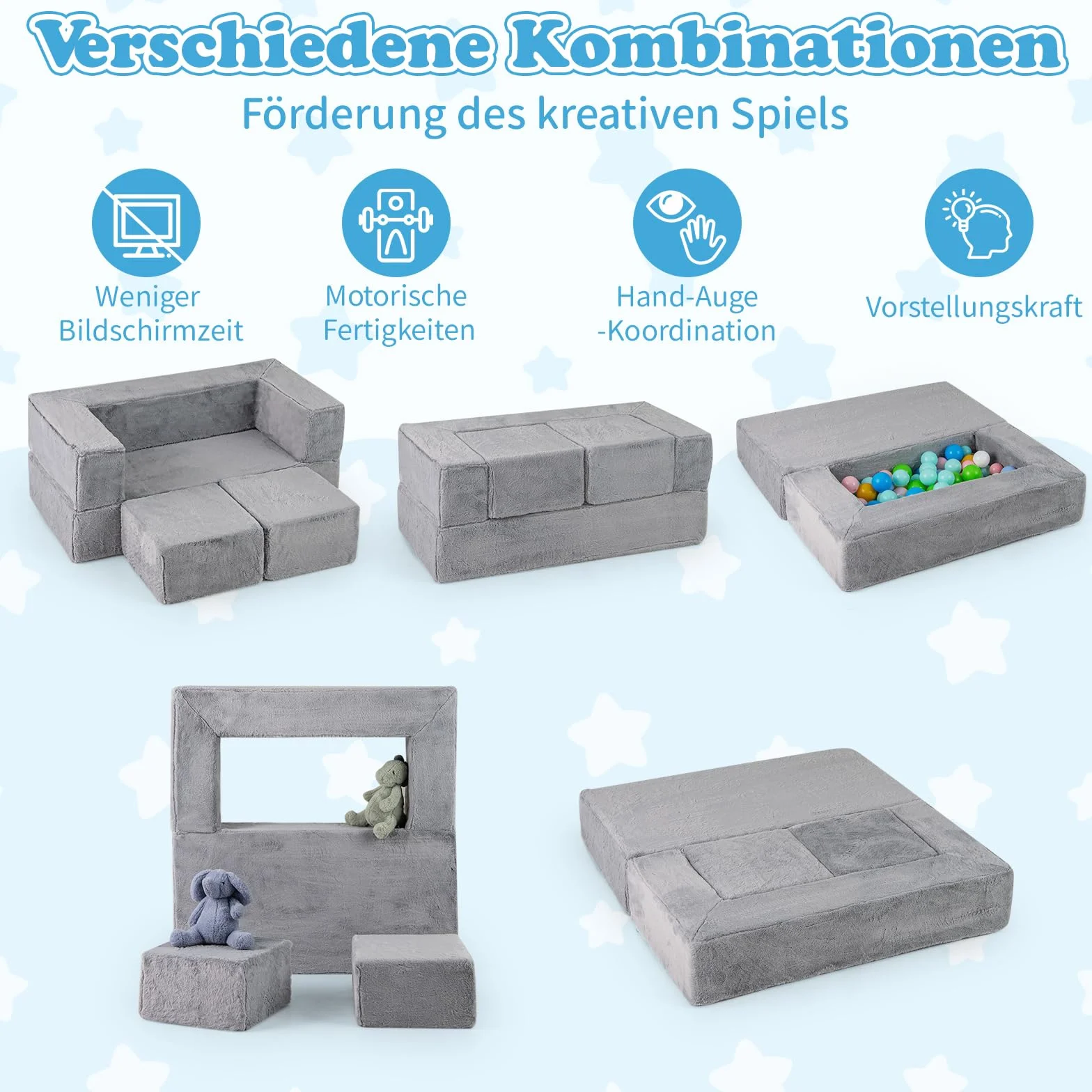 COSTWAY Modułowa sofa dziecięca, sofa do zabawy z pianki ze zdejmowanym pluszowym pokrowcem, rozkładana sofa modułowa dla chłopców i dziewczynek, fotel dziecięcy do pokoju zabaw, sypialni, pokoju