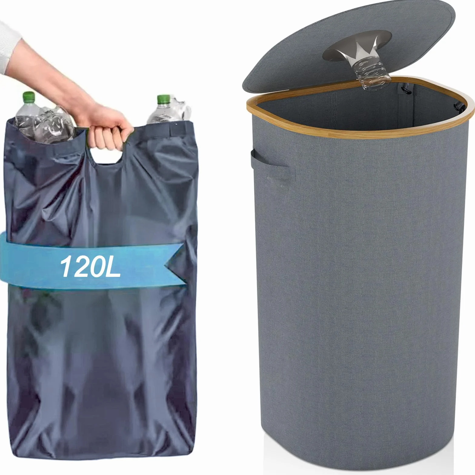 120L Szary Kosz do Recyklingu Do Kuchni,Wewnątrz i na Zewnątrz,Duży Recyklingu z Pokrywką,Wysoki Kosz na śmieci, podwójny Pojemnik na Odpady i Butelki do Wnętrz