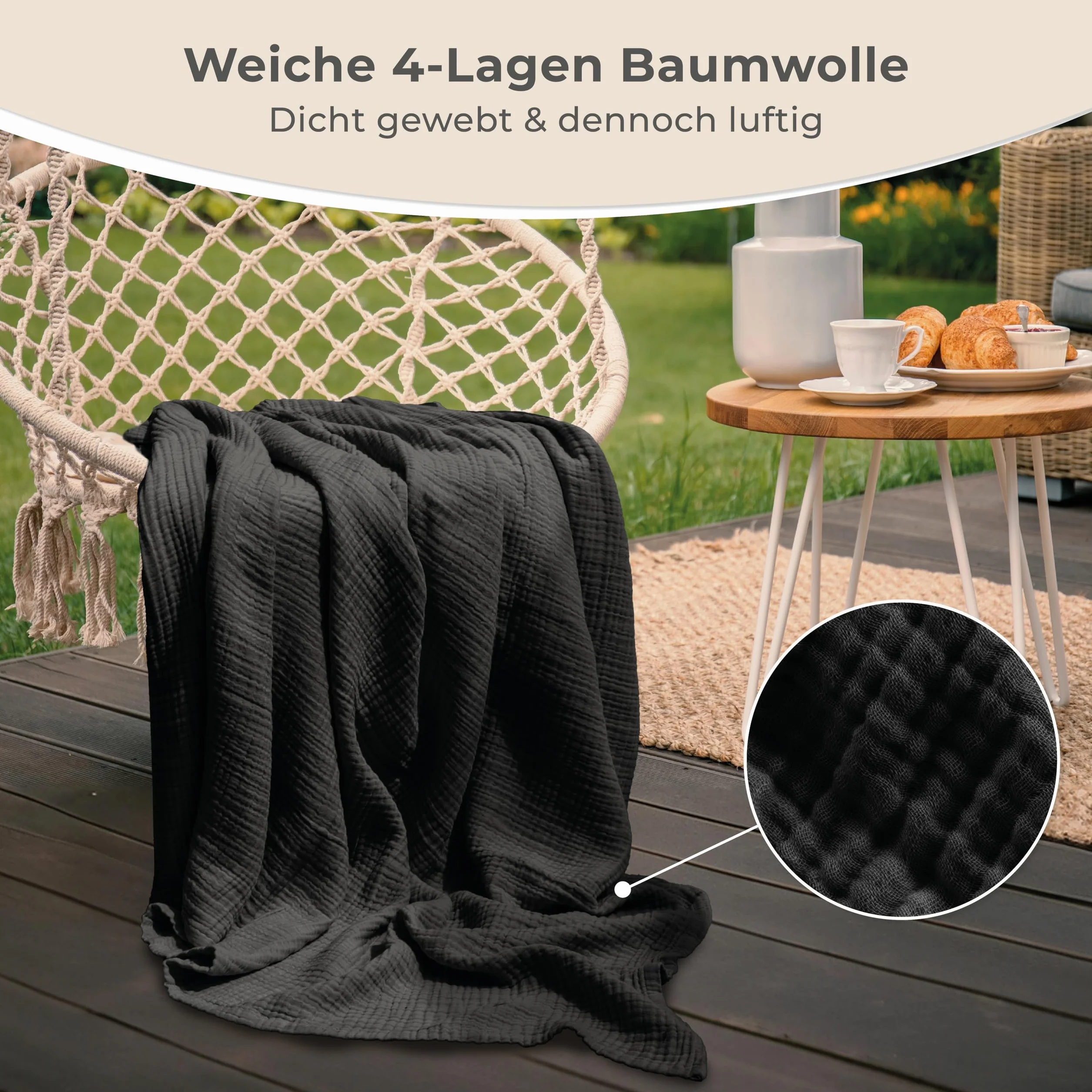 LAYNENBURG Muślinowa narzuta klasy premium, 220 x 240 cm (rozmiar XXL), 100% bawełna, bardzo miękki koc bawełniany jako przytulny koc, narzuta na łóżko, sofę, ciepły koc (czarny)