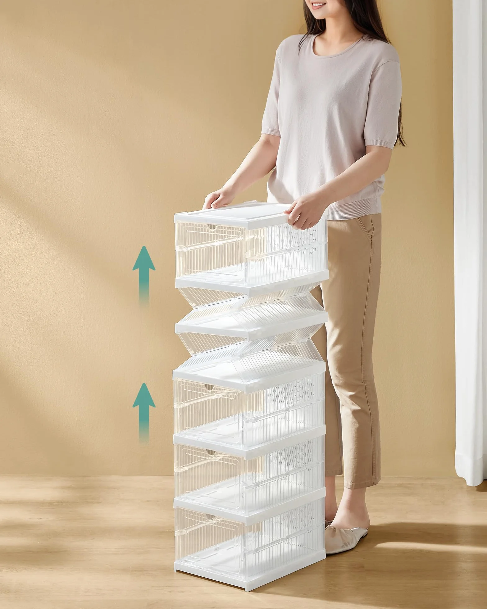 SONGMICS Szafka na buty z 6 pudełkami na buty, zintegrowany organizer na buty, składana, przenośna, na buty do rozmiaru 46, montaż w 1 minutę, przezroczysta chmura biała LSP205W01