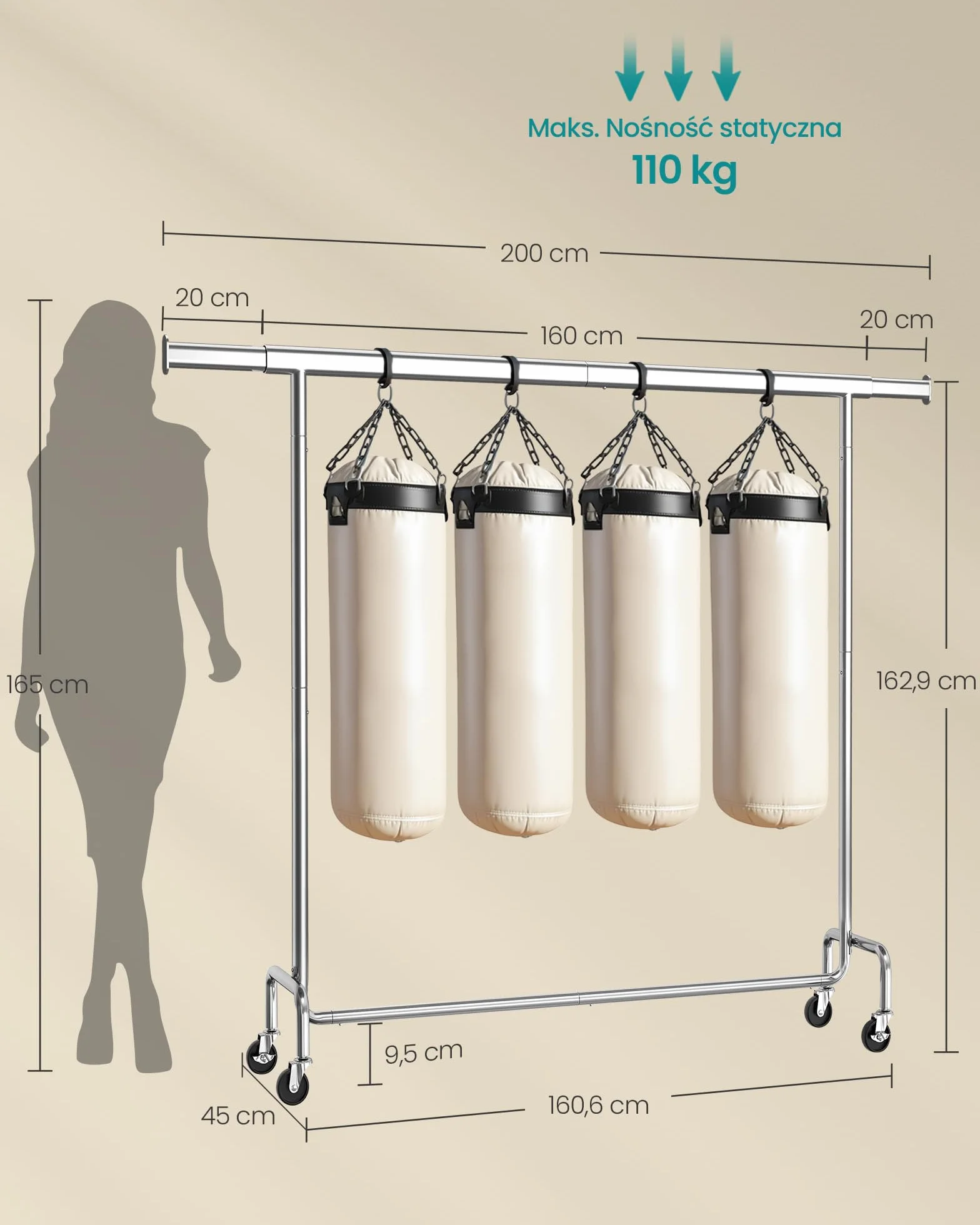SONGMICS Wieszak na ubrania na kółkach, Wieszak na ubrania, Wytrzymały, Rozsuwany drążek na ubrania, Nośność do 110 kg, 45 x (160-200) x 162,9 cm, Metalowy, Chromowany, Srebrny HSR176E01