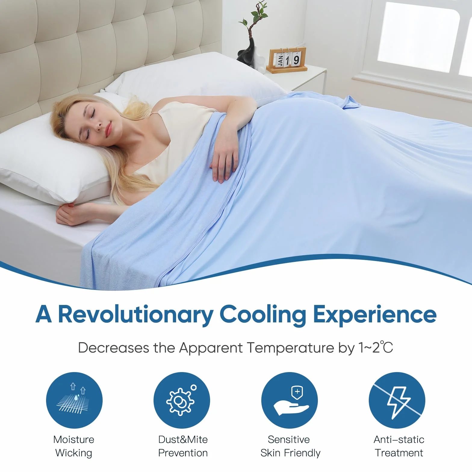 Marchpower Koc chłodzący,bambusowy,rozmiar queen-size,Arc-Chill Q-MAX>0,34, chłodzące włókno, lekki, letni, luksusowy, pochłania ciepło, na nocne poty, oddychający i miękki, na cały sezon, niebieski