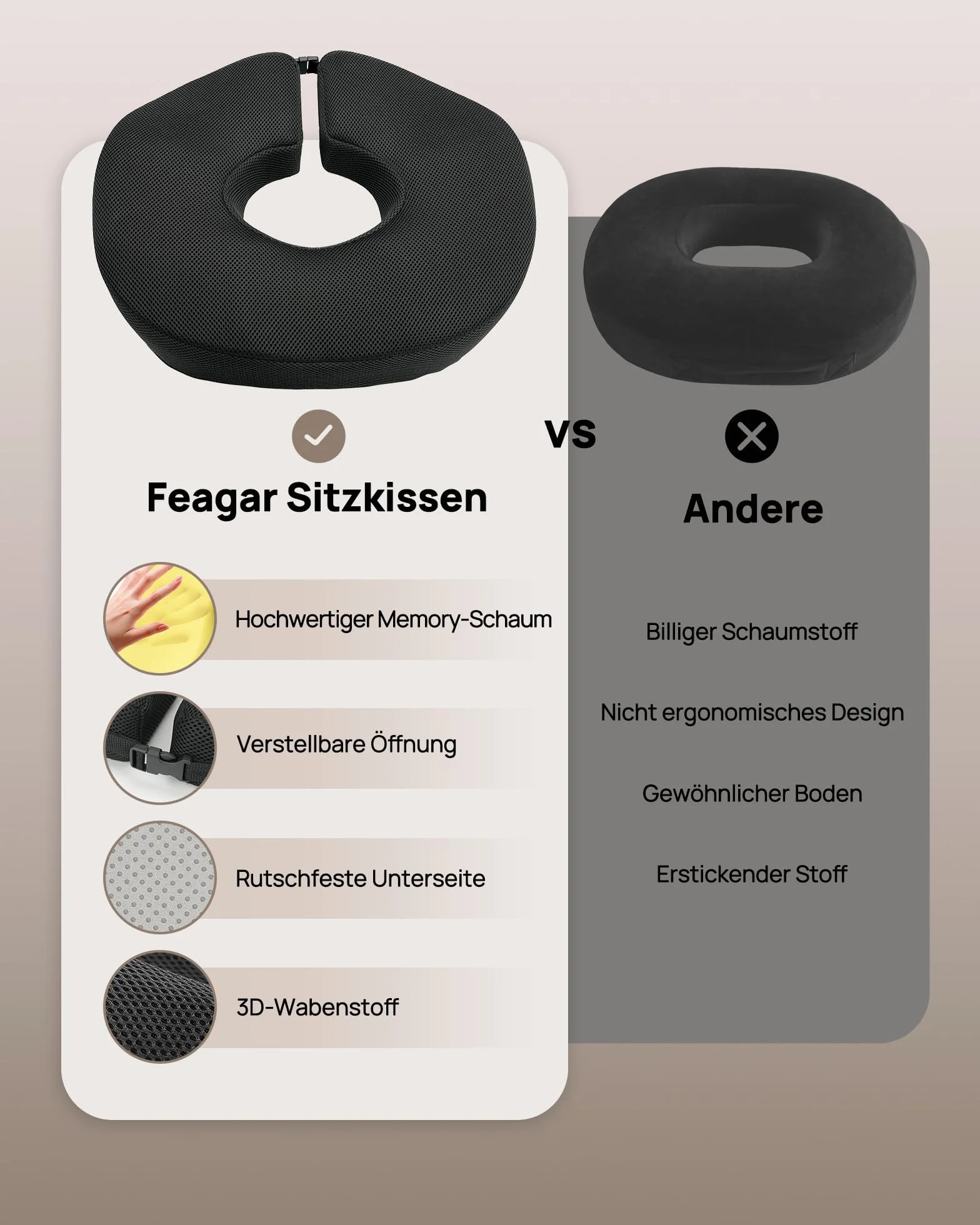 Feagar Poduszka do siedzenia – regulowany ortopedyczny pierścień do siedzenia, bardzo duża, ergonomiczna poduszka do kości ogonowej, na hemoroidy, rwę kulszową, poporodową, do samochodu, wózka