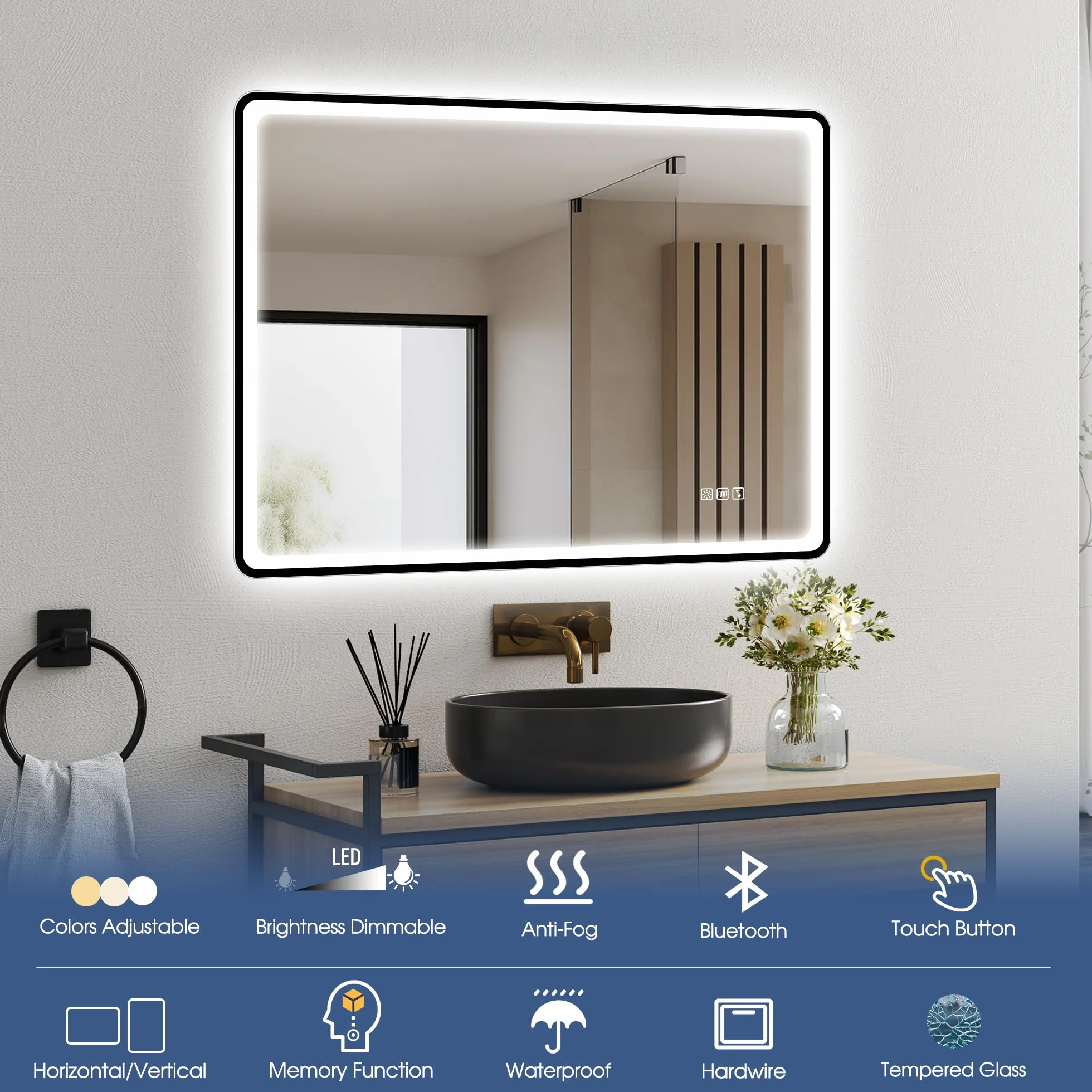 STARLEAD Czarne lustro LED łazienka ze światłem 80 x 60 cm, Bluetooth, 3 kolory światła, możliwość ściemniania, ochrona przed mgłem, pamięć, IP44, szkło hartowane, poziome/pionowe, rama niemetaliczna