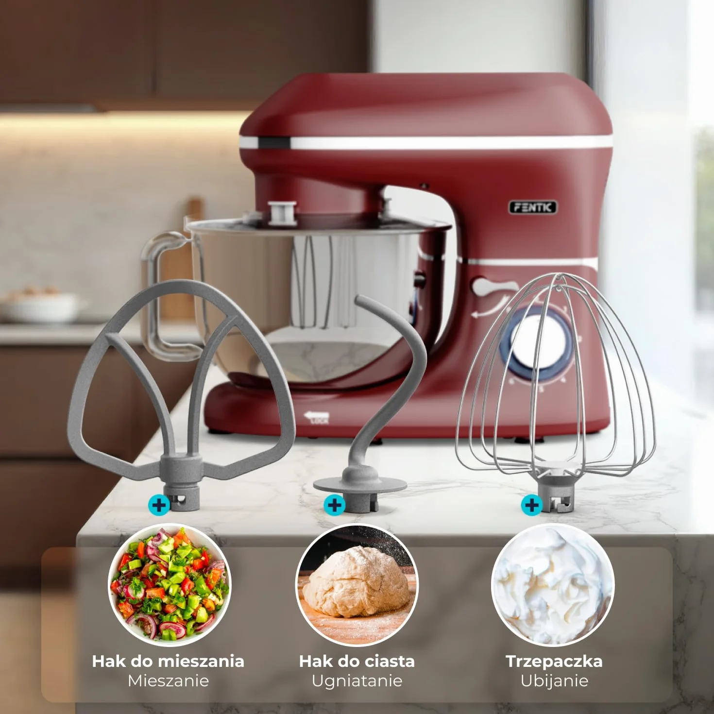 Robot kuchenny - 2000 W - miska do mieszania ze stali nierdzewnej (6,2 l) - mikser kuchenny z hakiem do mieszania, hakiem do zagniatania, trzepaczką i ochroną przed pryskaniem - w zestawie
