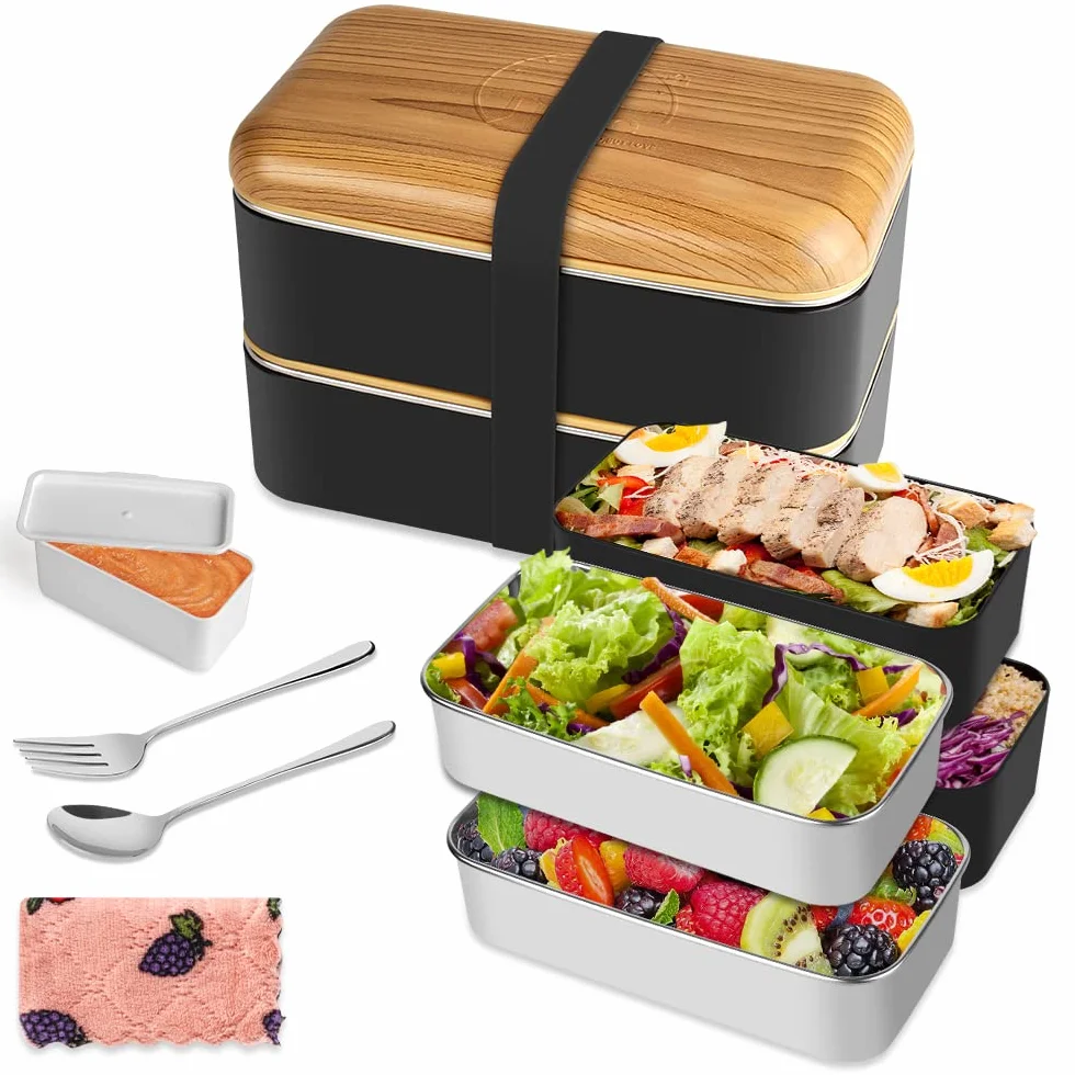Japońskie Bento Box 2-poziomowe pudełko na lunch z pojemnikami z polipropylenu i stali nierdzewnej