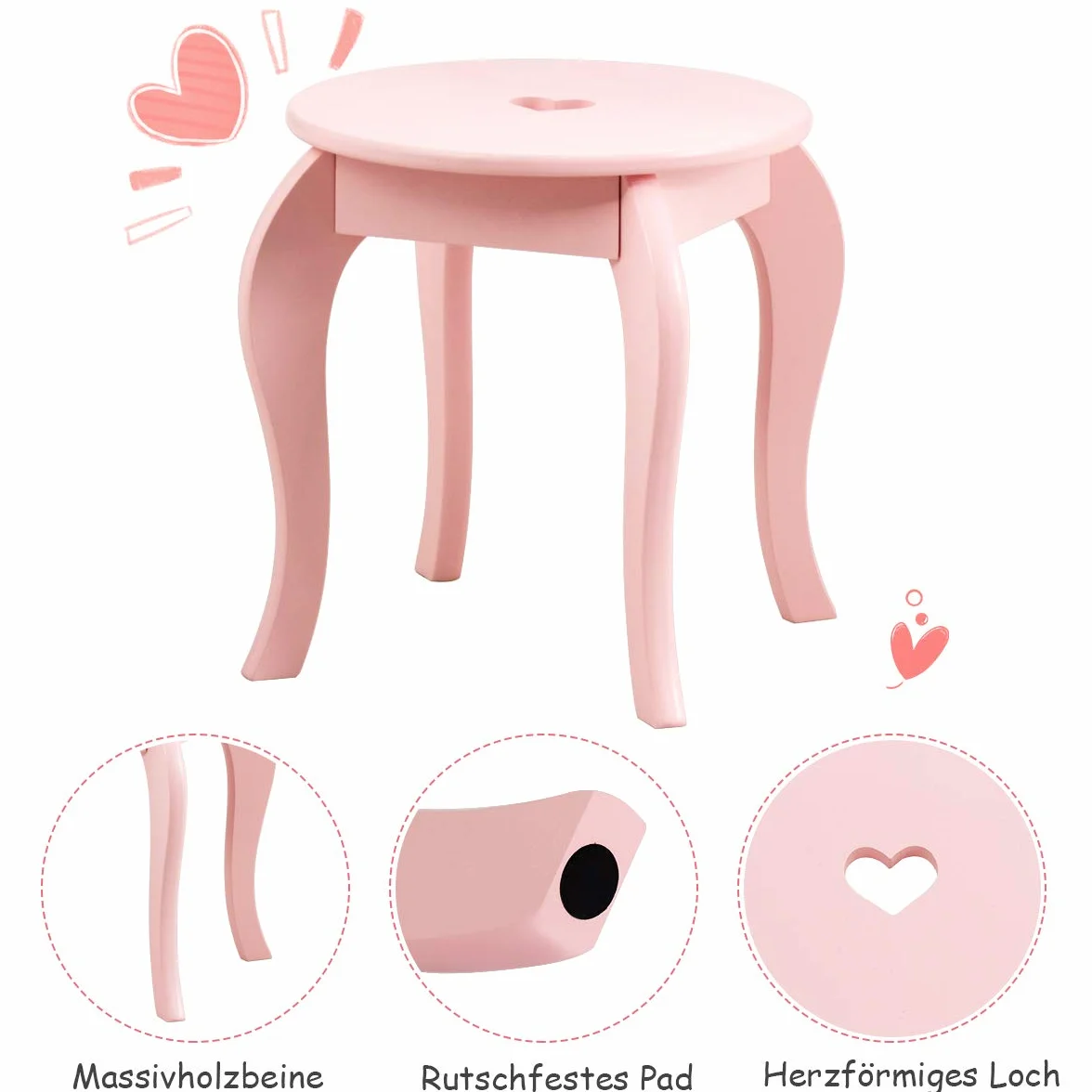 COSTWAY Toaletka dziecięca z taboretem i zdejmowanym lustrem, dla dziewcząt, stół z szufladą, stół z lustrem, 70 x 34 x 105 cm (różowa)