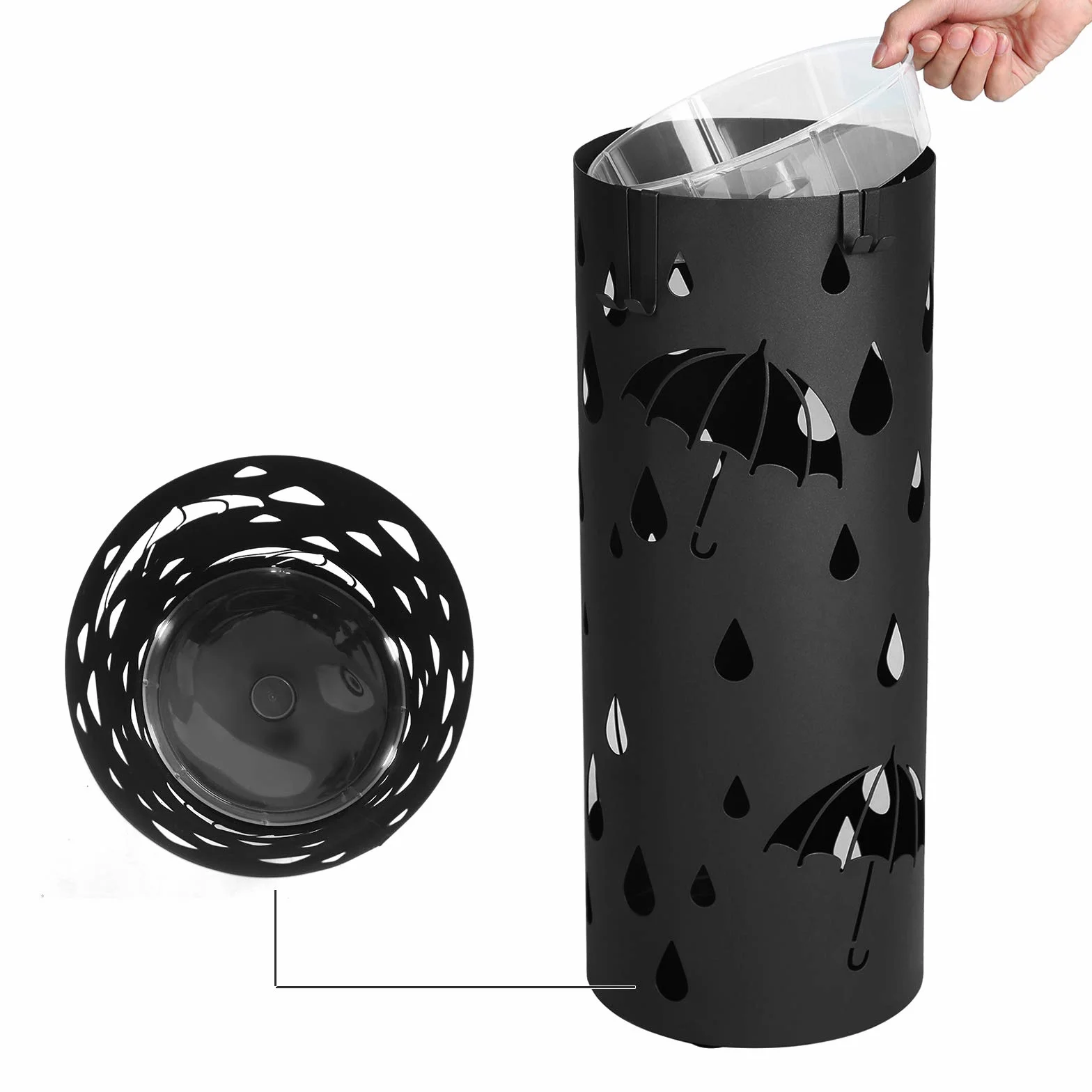 SONGMICS LUC23B metalowy stojak na parasole, okrągła patera na wodę, wyjmowana, z haczykami, 49 x Ø 19,5 cm, czarny