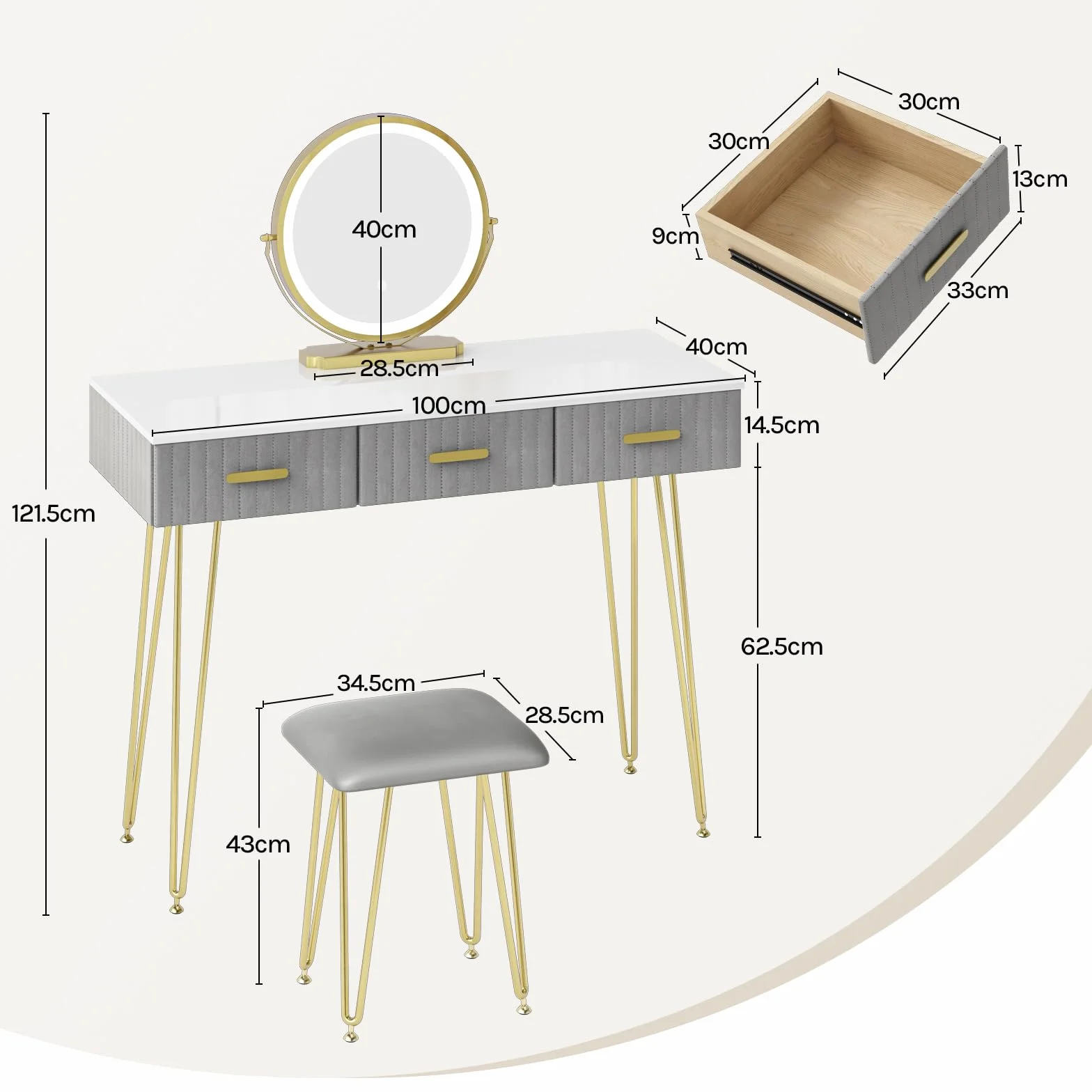 WOLTU Toaletka z lustrem świetlnym LED, regulowana jasność, biurko do makijażu z 3 szufladami i zestawem stołków, komoda do sypialni, 100 x 40 cm, biały + złoty + szary