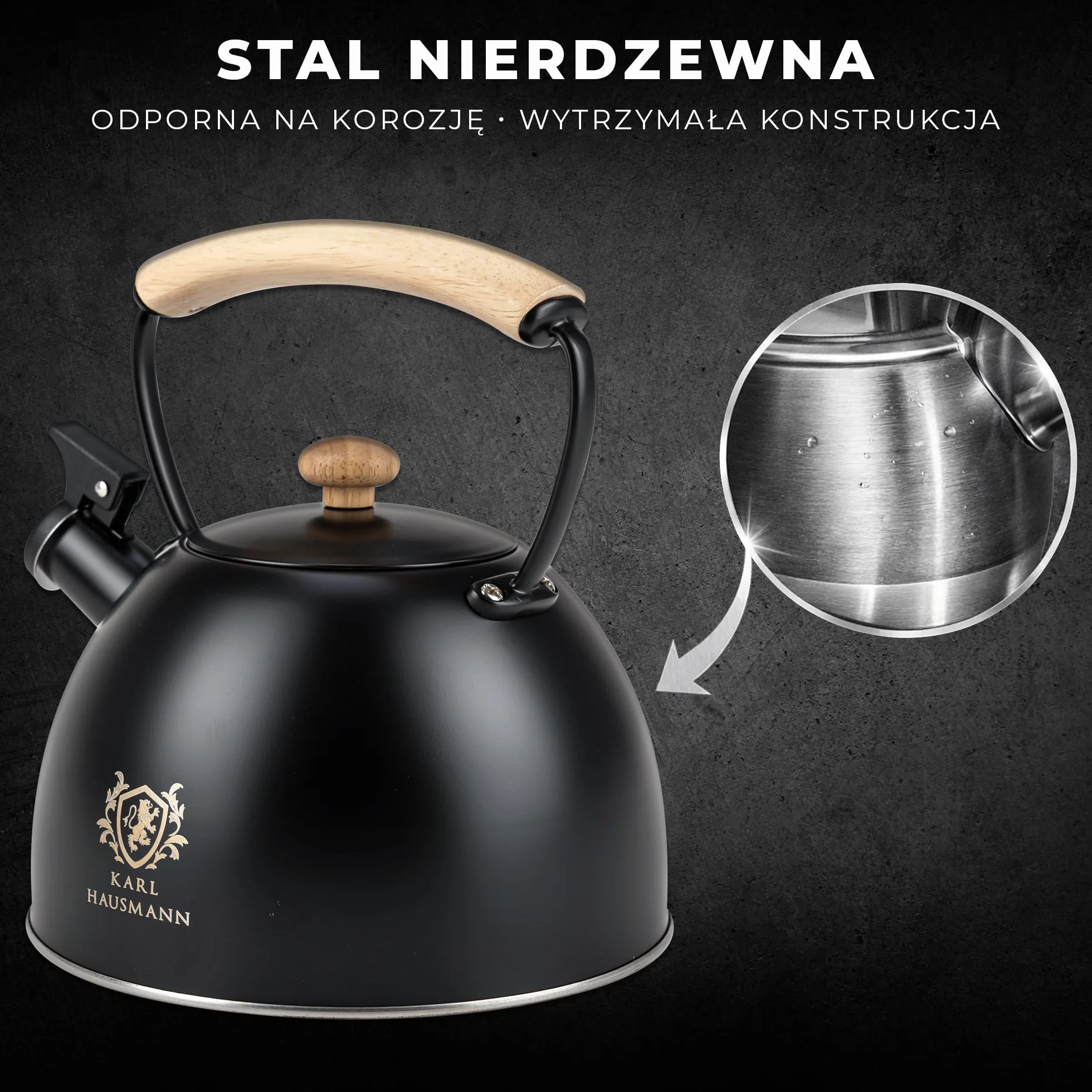 KARL HAUSMANN Czajnik Stalowy - 2.5L - na Kuchenkę Indukcyjną, Gazową i Elektryczną - Uchwyt Cool-Touch - do Herbaty, Kawy - z Gwizdkiem i Pokrywką - Odporny na Zarysowania