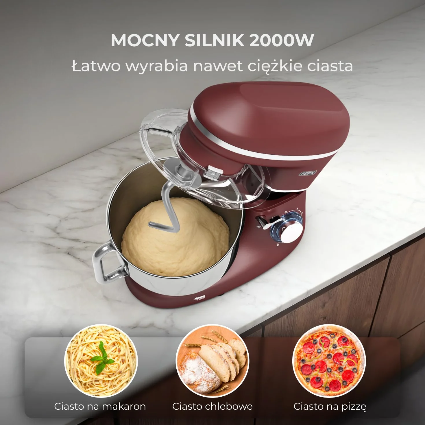 Robot kuchenny - 2000 W - miska do mieszania ze stali nierdzewnej (6,2 l) - mikser kuchenny z hakiem do mieszania, hakiem do zagniatania, trzepaczką i ochroną przed pryskaniem - w zestawie