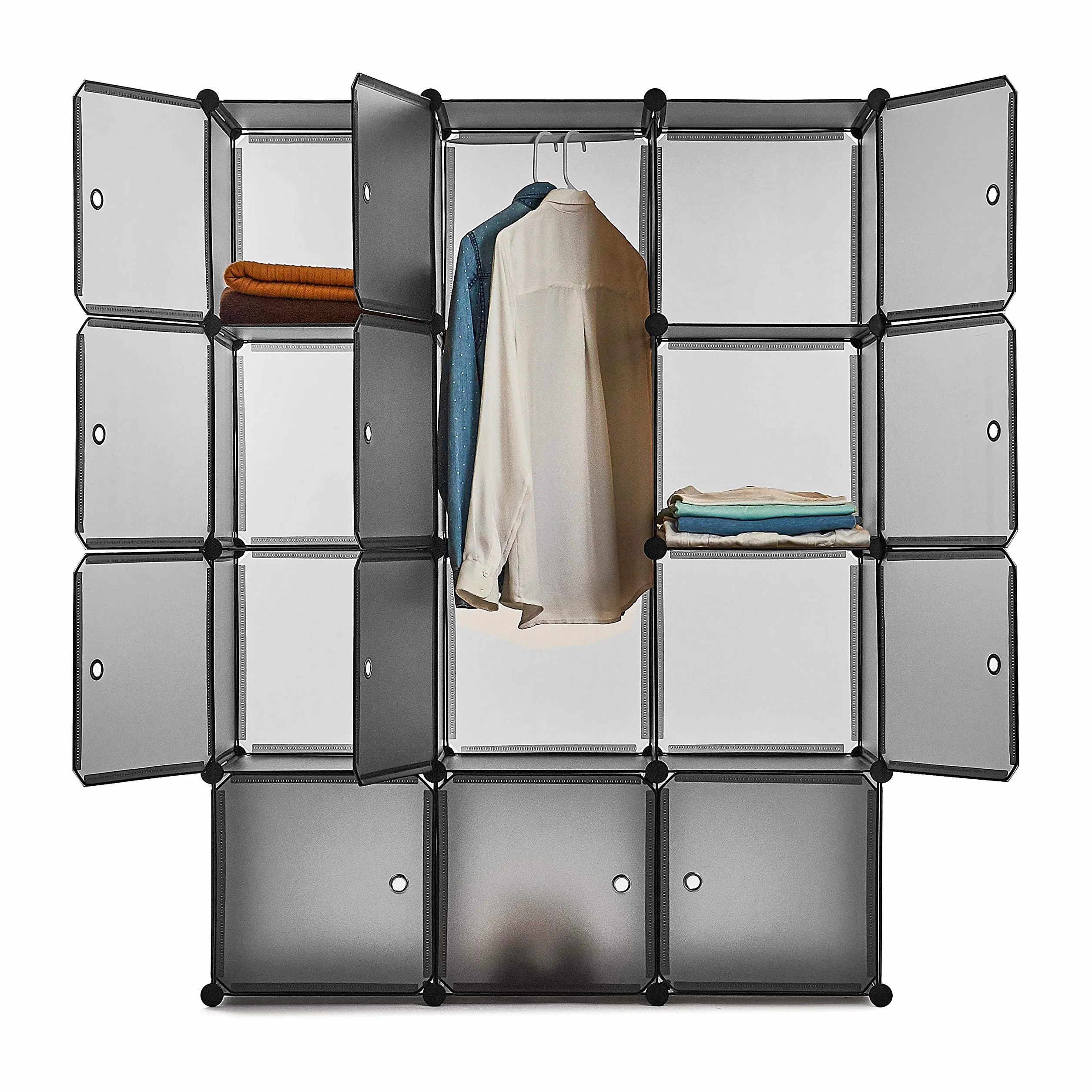 Meerveil Szafa z tworzywa sztucznego, przenośna szafa szafkowa, modułowe kostki do przechowywania ubrań, 110 x 37 x 145 cm, półprzezroczysta szara, 12 kostek