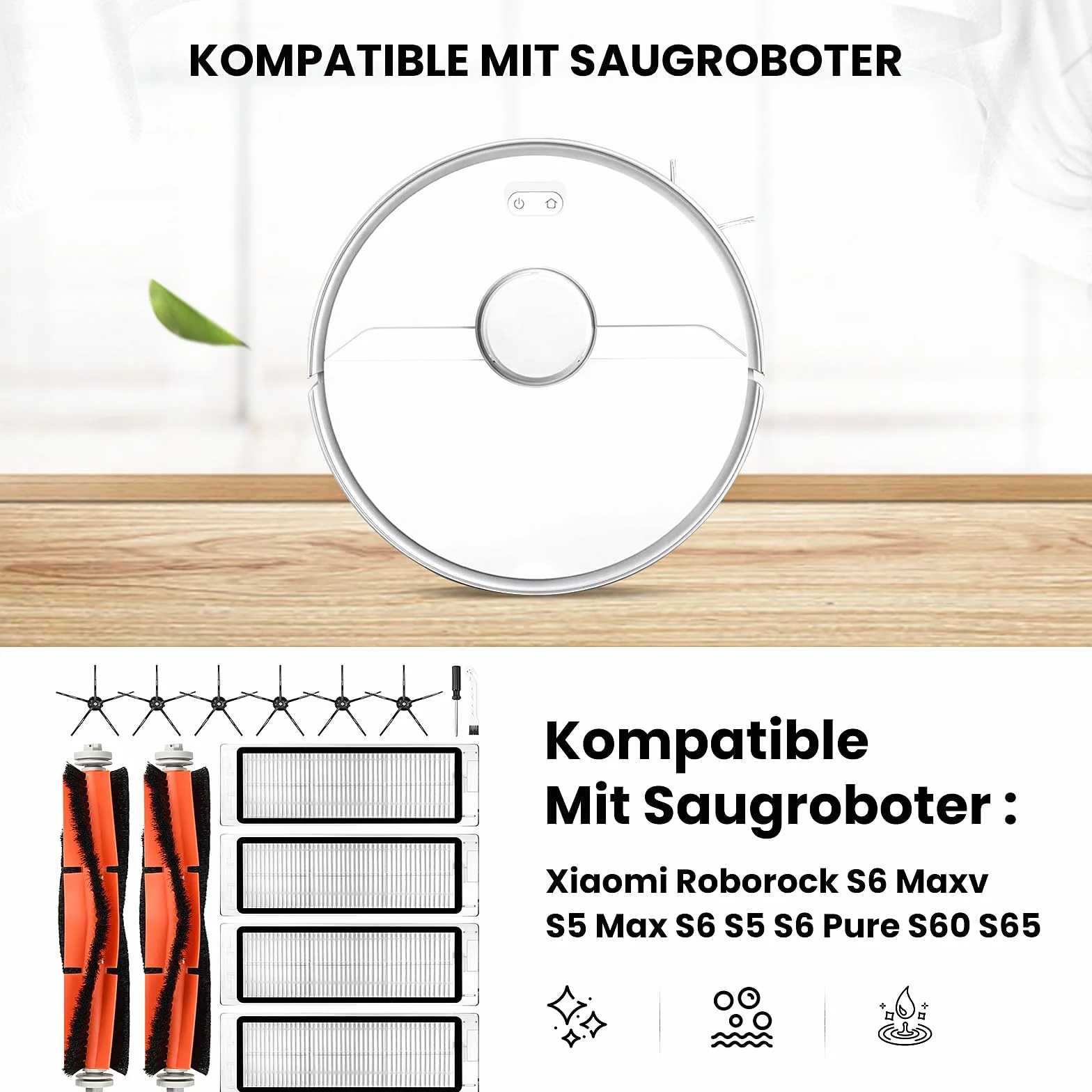 Akcesoria do odkurzacza robota Xiaomi Roborock S6 / S5 Max / S5 / S6 Pure / S6 Maxv / S60 / S65 części zamienne, 2 szczotki główne, 4 filtry HEPA, 6 szczotek bocznych, 1