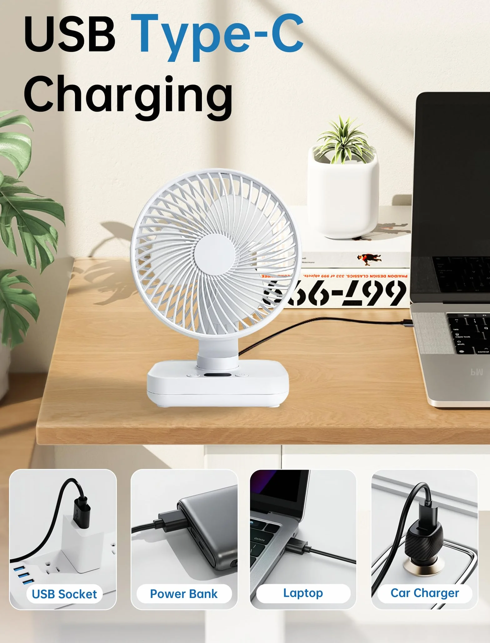 MERTTURM Wentylator biurkowy USB, oscylacyjny, 4 prędkości, ultracichy, LED, akumulator 4000 mAh