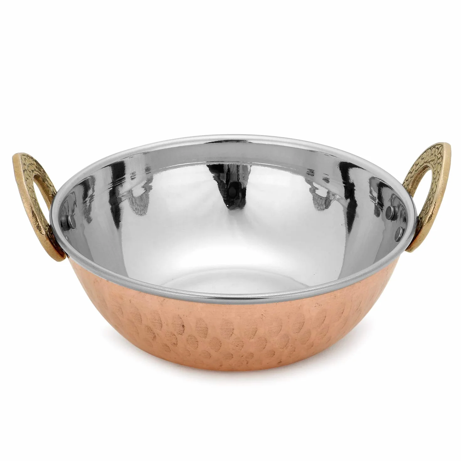 Zap Impex Indyjskie naczynie do serwowania miedziane młotkowane karahi ze stali nierdzewnej do serwowania indyjskich naczyń z curry 2-częściowy zestaw, średnica 13 cm