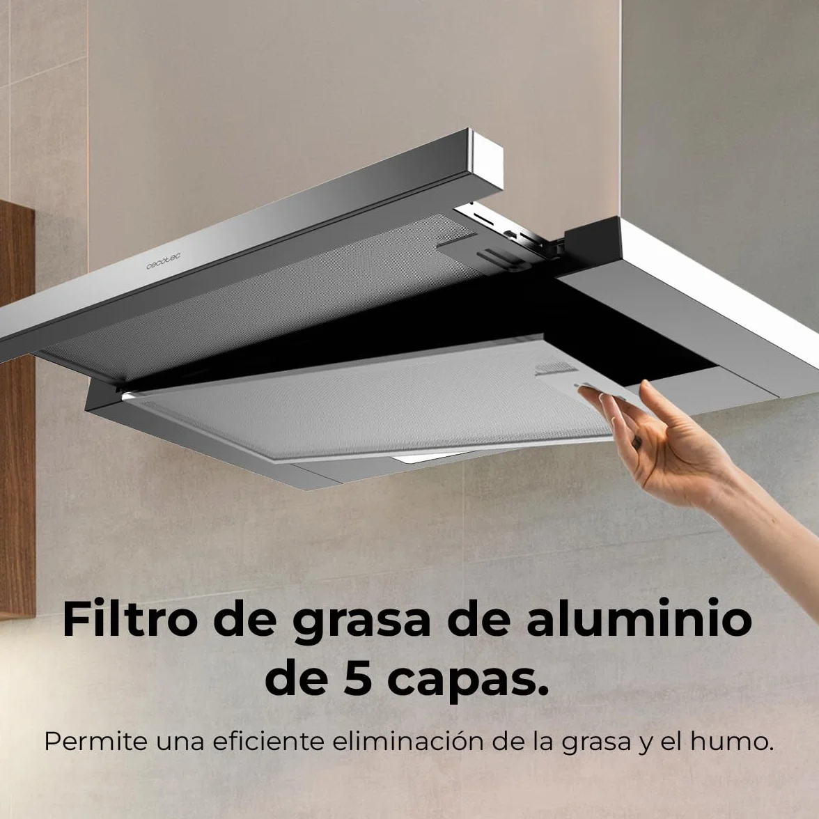 Cecotec Okap Teleskopowy 60cm Bolero Flux TLM 606500 Inox A. Silnik 165W, moc ssania 650m3/h, sterowanie mechaniczne, 2 poziomy mocy, światło i filtr węglowy, wykończenie Inox