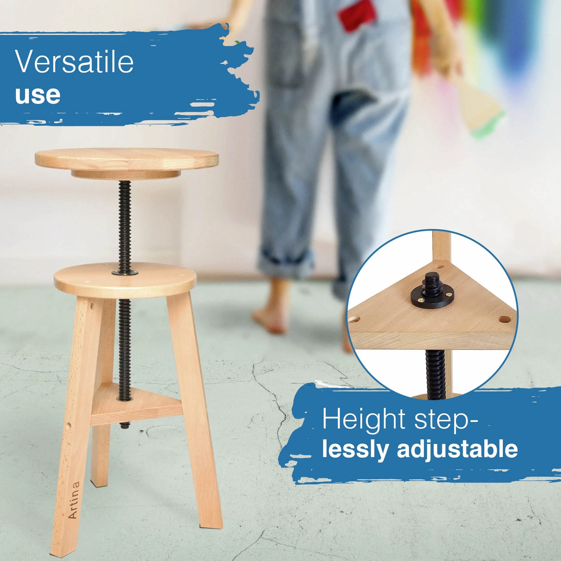Artina Malhocker Arles Ø 30 cm powierzchnia siedziska, taboret obrotowy drewniany z regulacją wysokości 48-66 cm - okrągły taboret artystyczny obrotowy o 360 stopni i wytrzymały, drewno bukowe