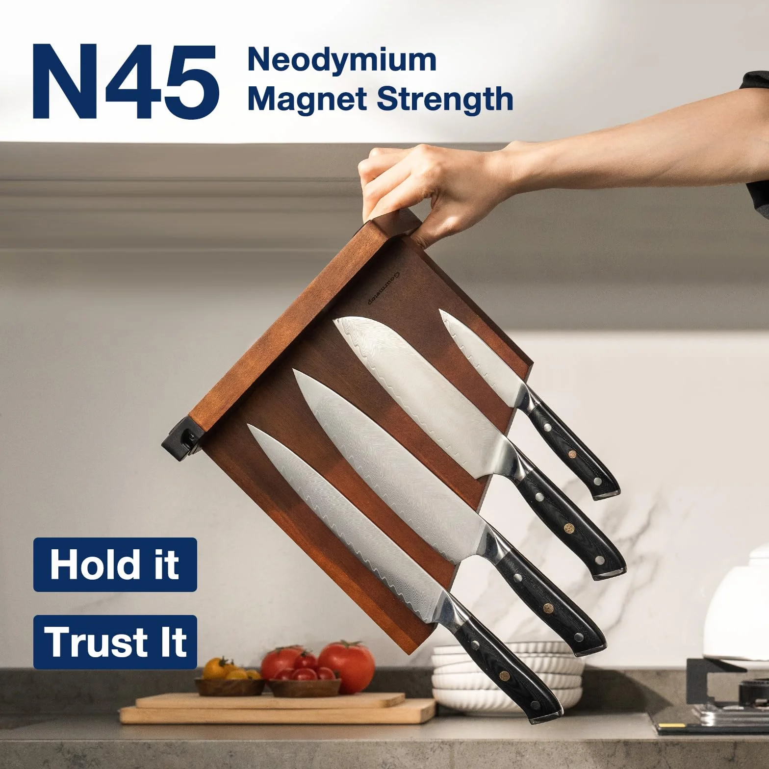 Gourmetop Magnetyczny uchwyt na noże z wbudowaną ostrzałką, 100% drewna akacjowego, magnetyczny blok na noże bez noży, mocny, dwustronny magnetyczny uchwyt na noże do organizacji blatu kuchennego