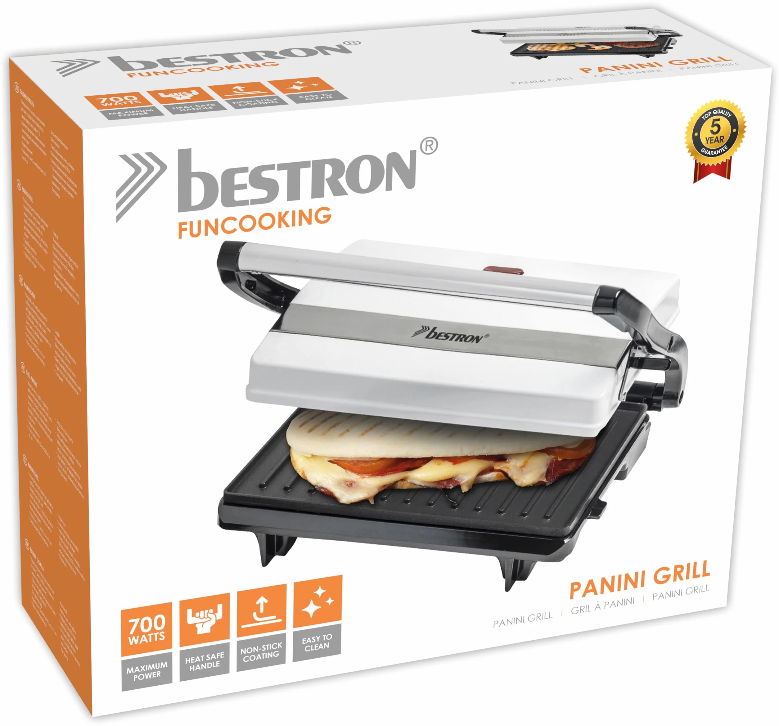 Bestron Grill Panini, Biały, 76 cm, 27 x 23 x 9 cm; 1.25 kg