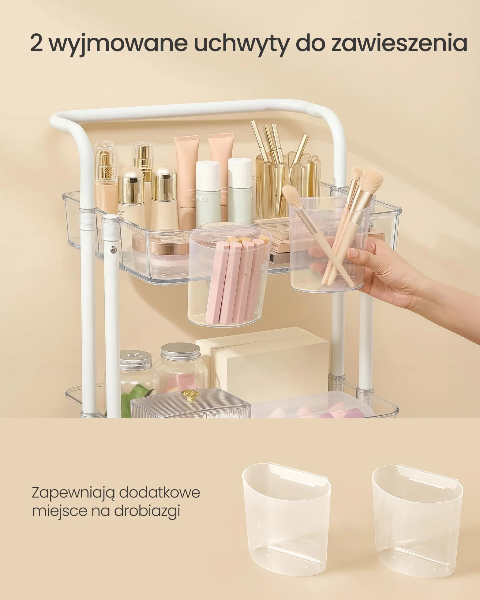 SONGMICS Wózek 3-poziomowy do serwowania i kuchenny z uchwytem, biało-przezroczysty BSC067W03