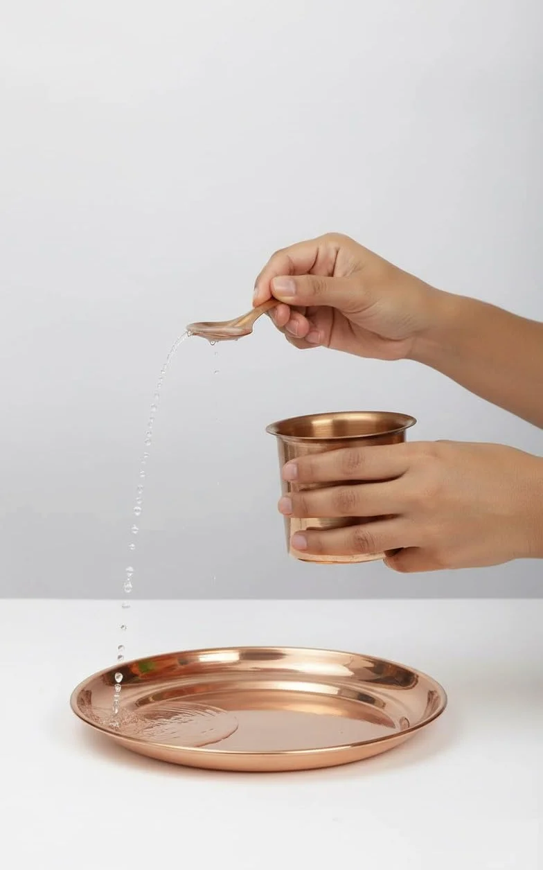 BRACOP® Czysty miedziany garnek Lota Kalash Hindu Panch Patra z okrągłym talerzem Łyżka Havan Indyjskie akcesoria do Pooja Ręcznie robiony kubek do serwowania Miedziane przybory domowe świątyni