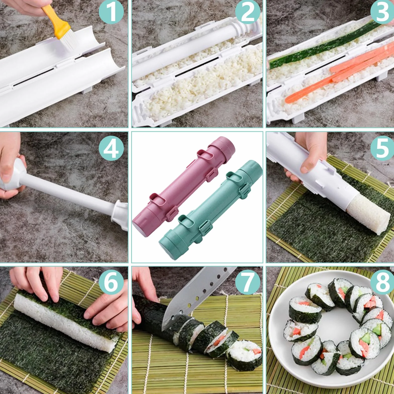 2-częściowy zestaw do sushi w kolorze różowym i zielonym | cylindryczne rolki do sushi i formy | zestaw do sushi "zrób to sam" do domu, na imprezę, piknik, łatwe czyszczenie i szybkie