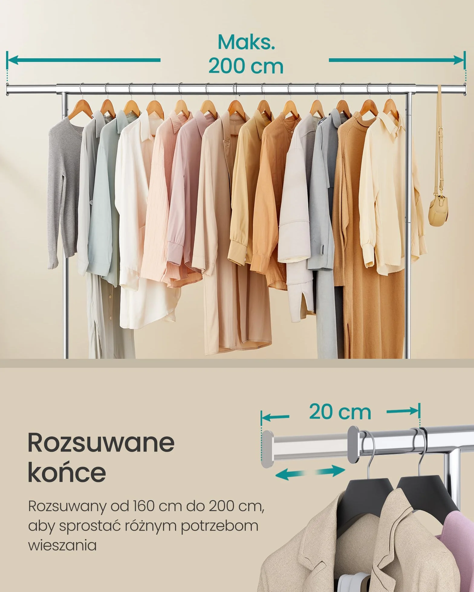 SONGMICS Wieszak na ubrania na kółkach, Wieszak na ubrania, Wytrzymały, Rozsuwany drążek na ubrania, Nośność do 110 kg, 45 x (160-200) x 162,9 cm, Metalowy, Chromowany, Srebrny HSR176E01