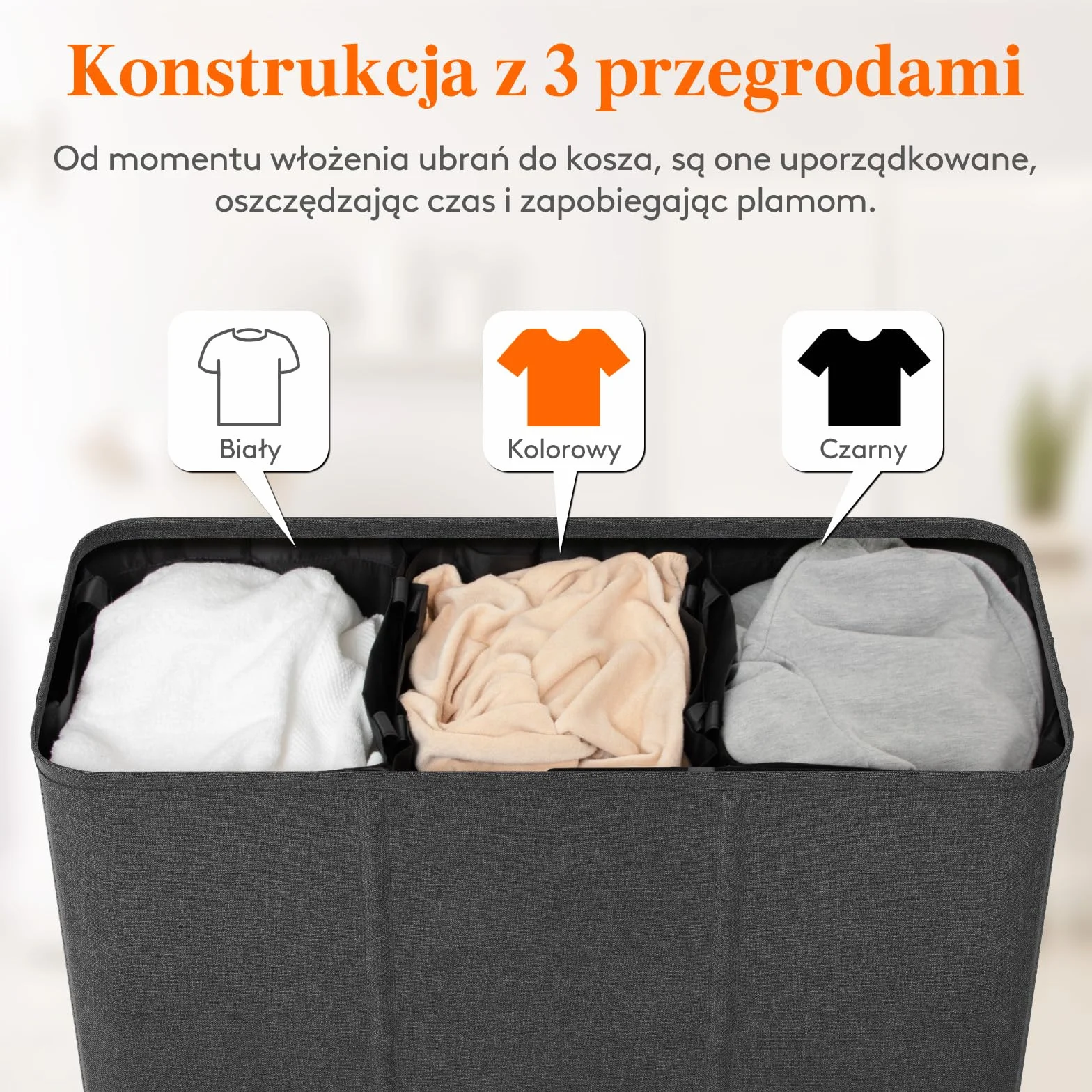 Lifewit 180L kosz na pranie 3 sekcje, bardzo duży kosz na pranie z pokrywą, kosz na brudne ubrania z uchwytem, podzielony organizer na pranie z 3 wyjmowanymi workami na pranie, Ciemnoszary