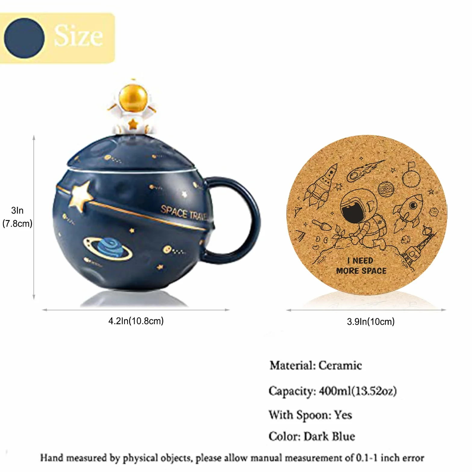 Yalucky Kawaii kubek astronauty z wytłoczoną planetą, uroczy ceramiczny kubek do kawy, nowość kubek z pokrywką i łyżką do kawy, herbaty, mleka, estetyczna dekoracja pokoju (granatowy)