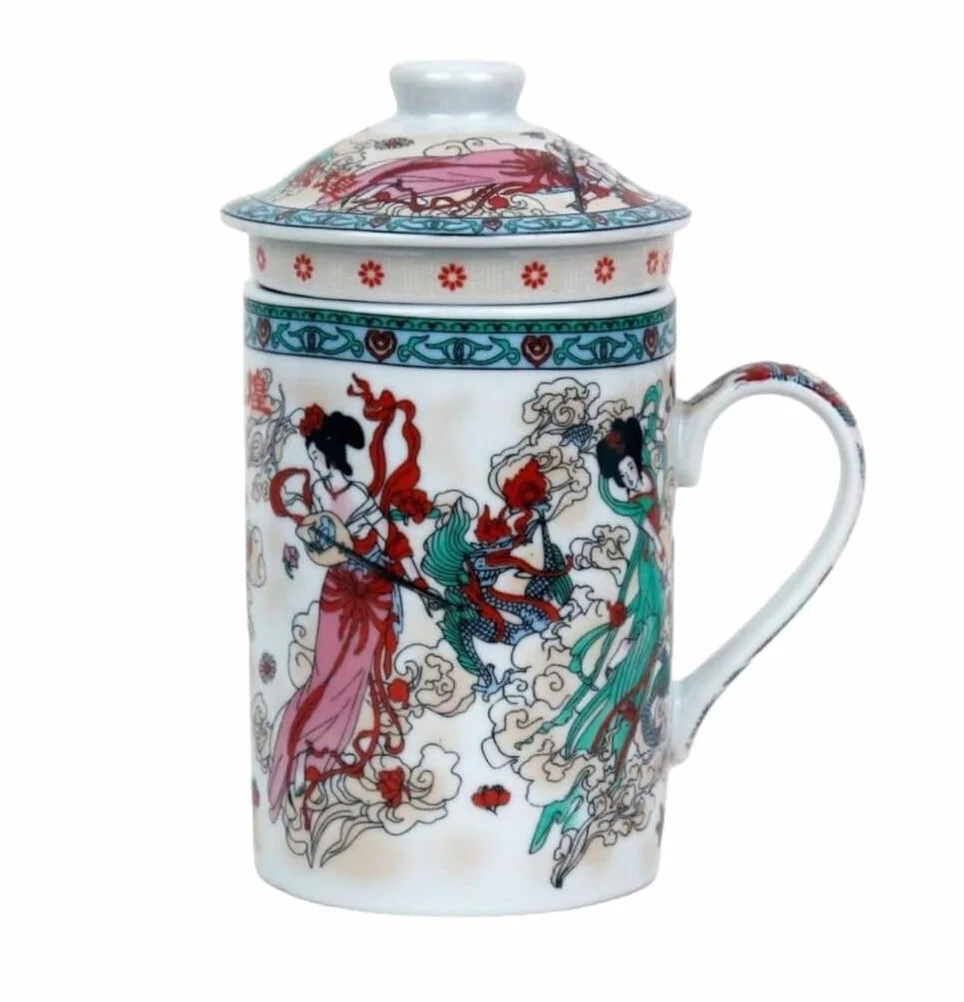 Ceramiczna filiżanka do herbaty z pokrywką i sitkiem, porcelanowy zestaw upominkowy, motyw azjatycki Dragon Flight