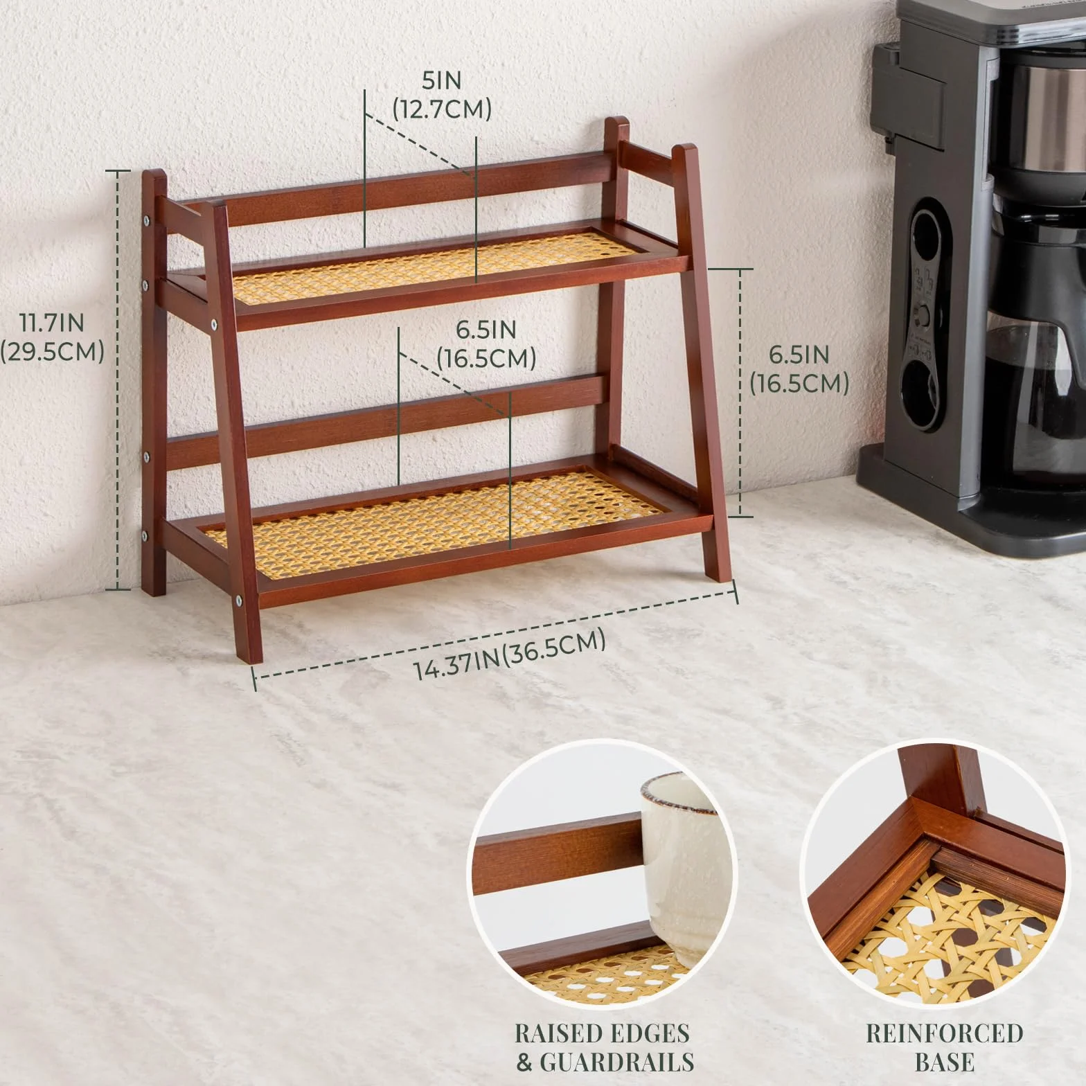 ANBOXIT Organizator Stacji Matcha z Wzorem Rattan, Organizator do Herbaty i Kawy z Bambusa na Blacie, 2-Poziomowy Stojak na Kubki, Pojemnik na Przechowywanie Przypraw do Kuchni, Domu, Biura - Brązowy