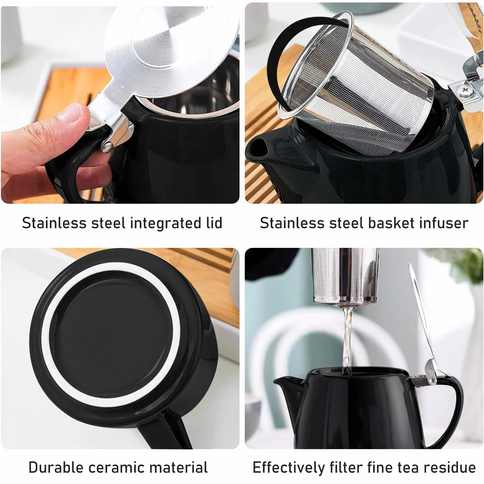 PORFOYO Dzbanek do herbaty z sitkiem, 500 ml, ceramiczny dzbanek do herbaty z wyjmowanym sitkiem ze stali nierdzewnej, ceramiczny dzbanek do herbaty, stal nierdzewna, z drobnymi oczkami, porcelanowy