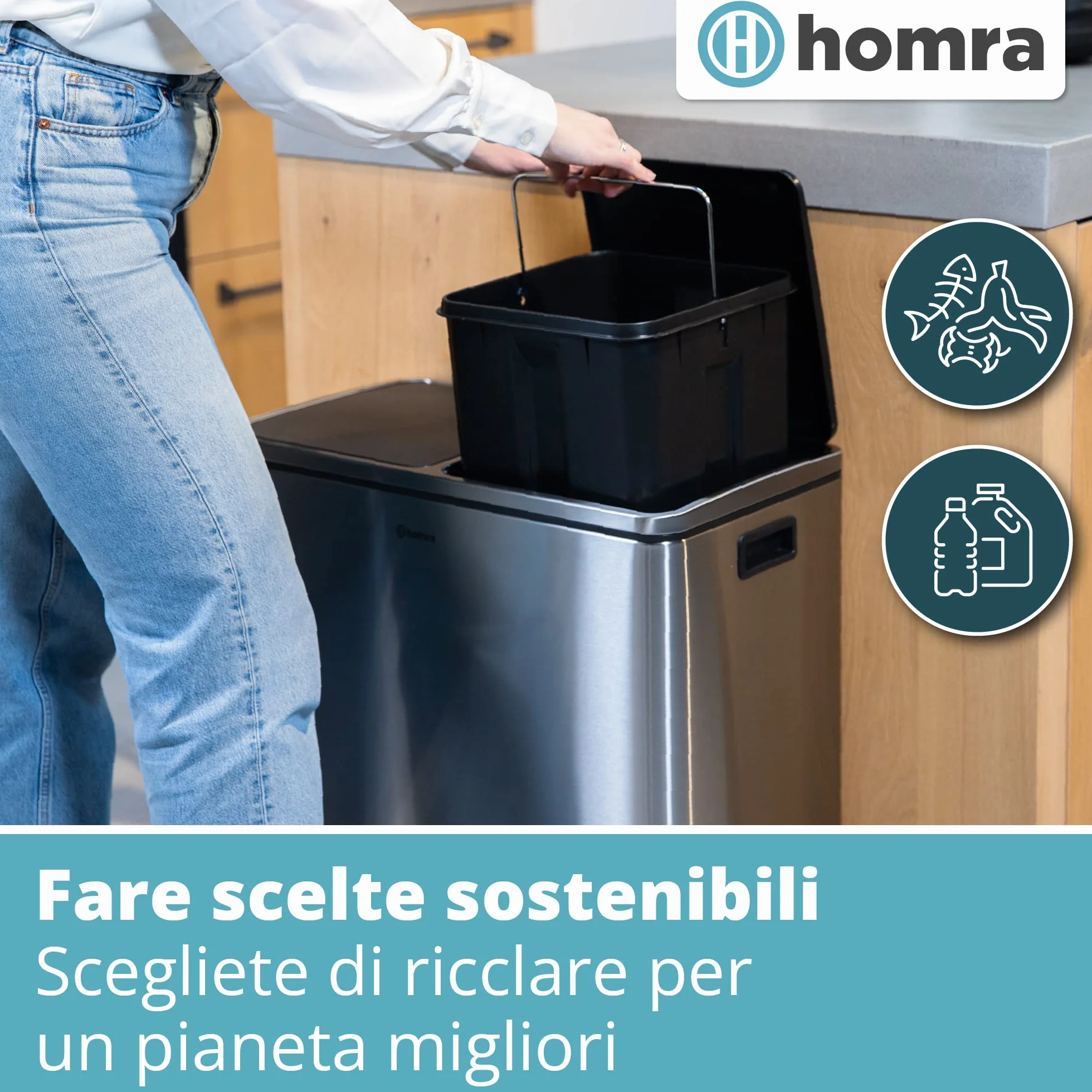 Homra Kosz na śmieci 60 litrów Quickx | Kosz na śmieci Tri Selective 2 Tace 2x30l | Kosz na śmiec z dwoma komorami | Kosz na śmeci z wewnętrznymi wiaderkami | Pojemnik na śmieci | Stal nierdzewna