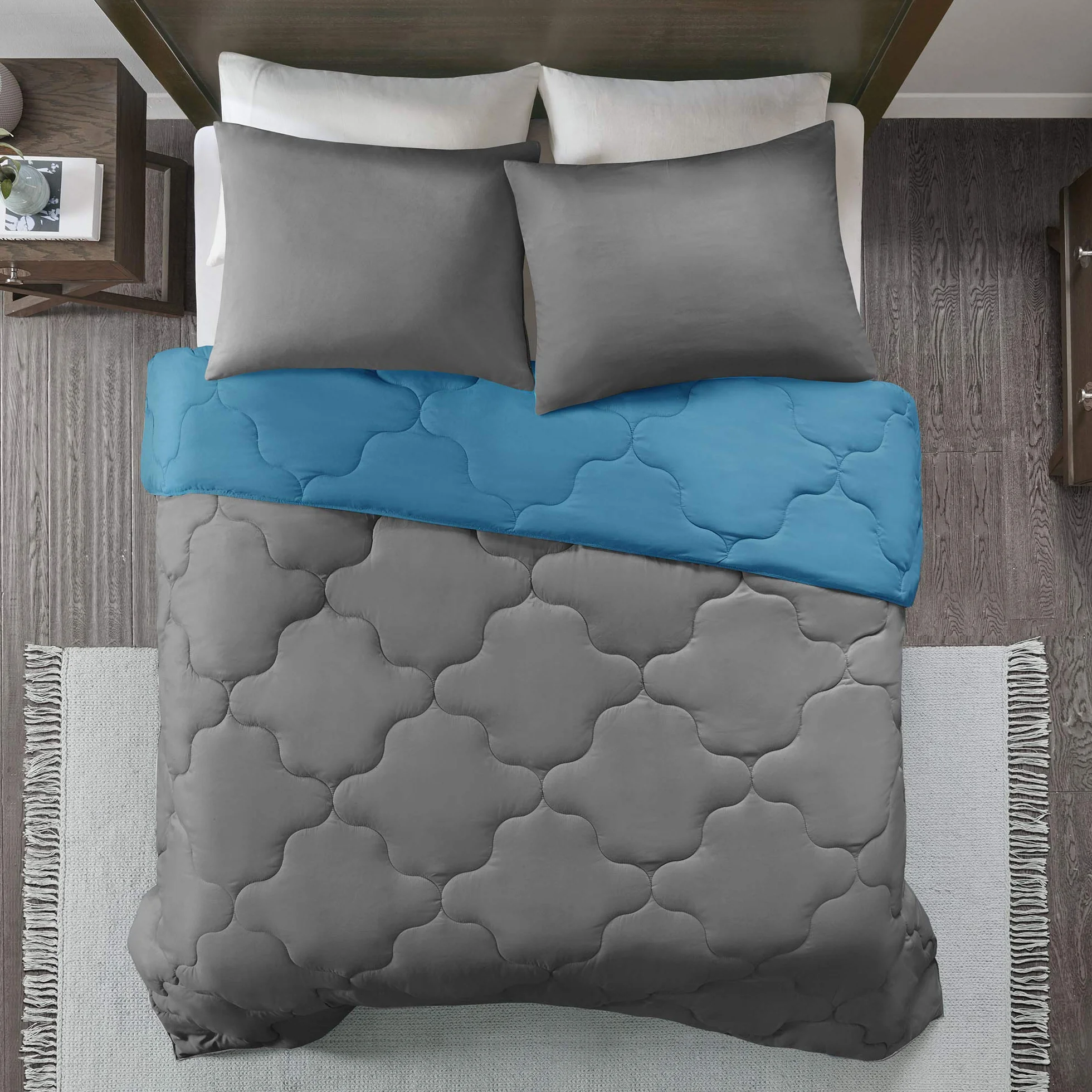 Comfort Spaces Vixie Reversible Comforter Set - Trendy Casual Geometric Quilted Cover, All Season Down Alternative Cozy Bedding, Matching Sham, Teal/Charcoal, Full/Queen 3 piece