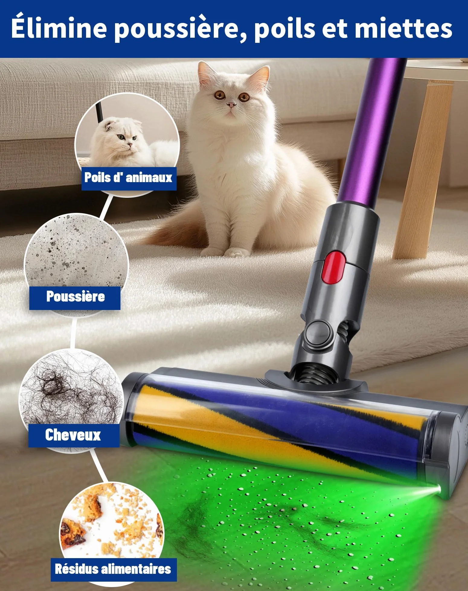 Szczotka do Dyson V7 V8 V10 V11 V15 – Głowica z zielonym światłem LED ujawniająca i zasysająca niewidoczny kurz – Szczotka silnikowa do odkurzacza Dyson – Końcówka zamienna do twardych podłóg