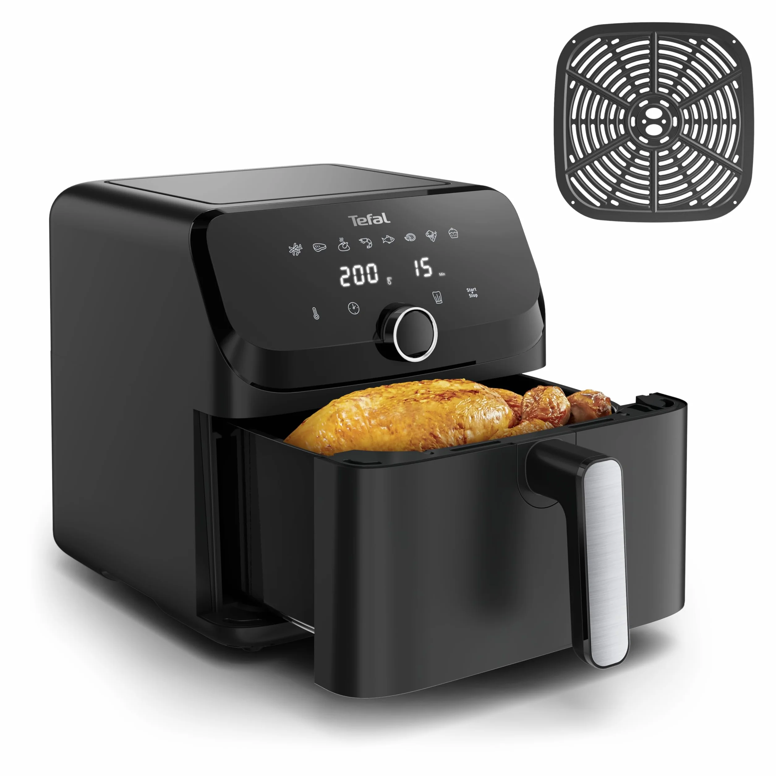 TEFAL EY8558 Easy Fry Mega frytkownica, 7,5 l, do 8 osób, 99% mniej tłuszczu, 8 automatycznych programów, cyfrowy wyświetlacz, 65% mniej energii, gotuj 37% szybciej, części do mycia w zmywarce, czarna