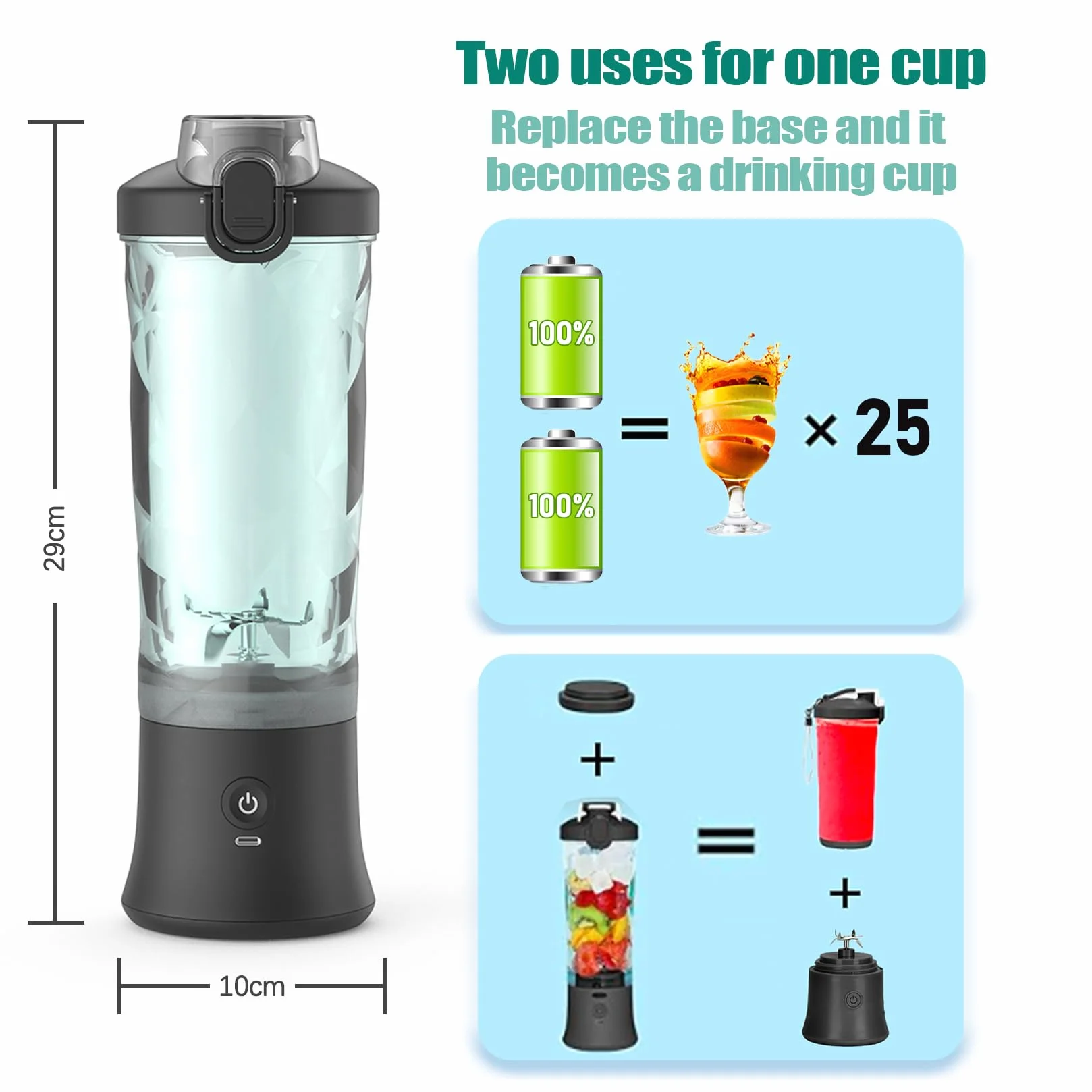 Idota Przenośny Mikser 600 ml USB Ładowany 6 Ostrzy Czarny