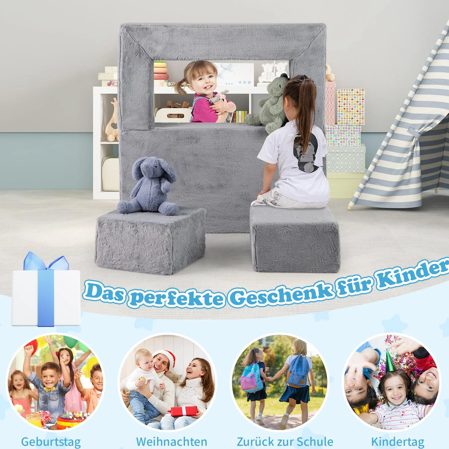 COSTWAY Modułowa sofa dziecięca, sofa do zabawy z pianki ze zdejmowanym pluszowym pokrowcem, rozkładana sofa modułowa dla chłopców i dziewczynek, fotel dziecięcy do pokoju zabaw, sypialni, pokoju