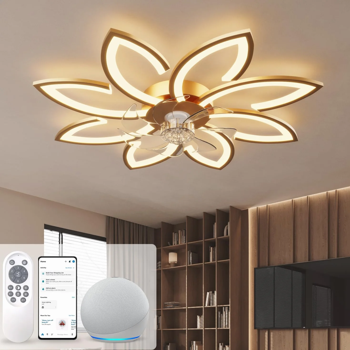 Wentylator sufitowy z oświetleniem i pilotem zdalnego sterowania lampa z cichym wentylatorem, kwiatowy wzór, nowoczesny design, możliwość ściemniania, funkcja pamięci, silnik DC, letnia zima
