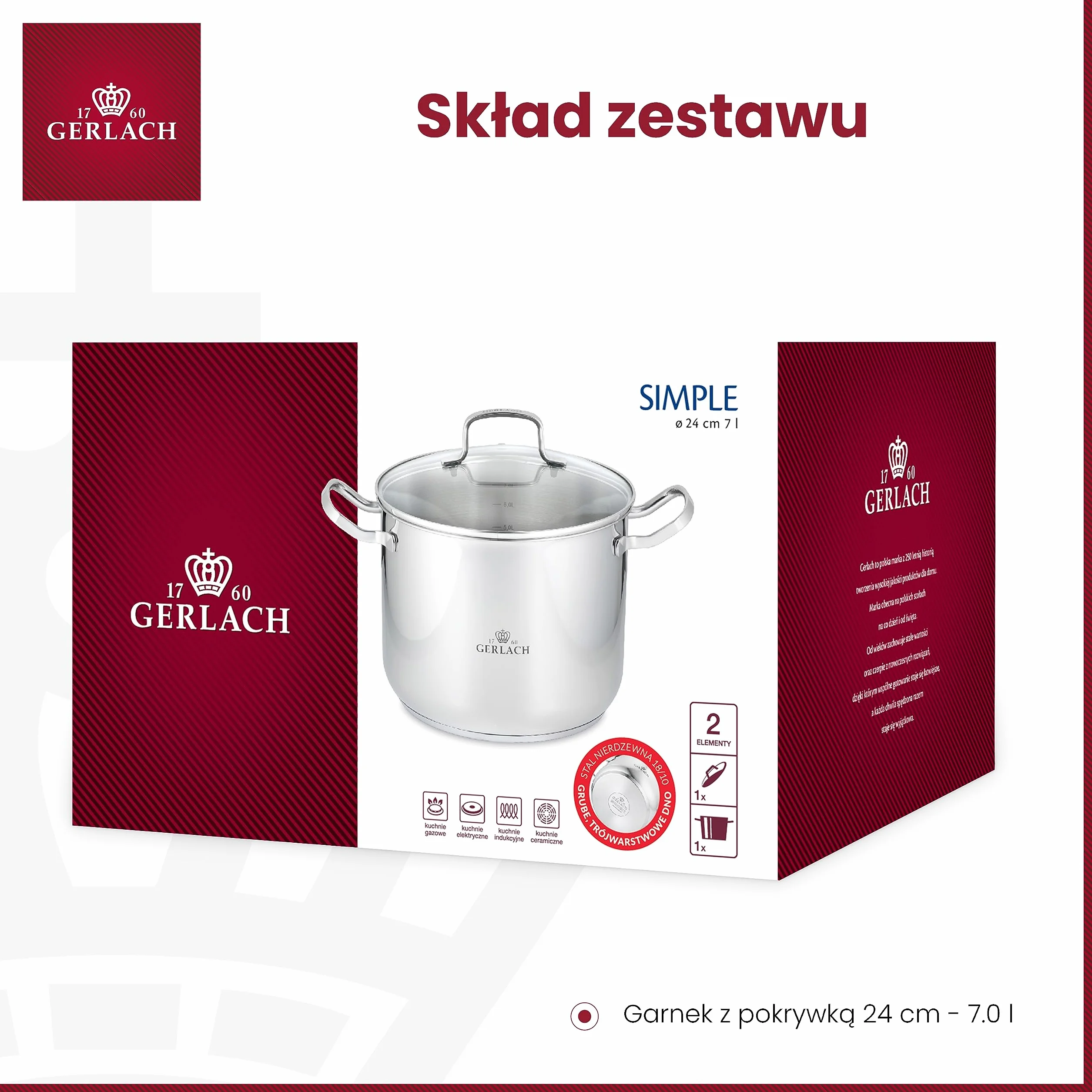 Gerlach Garnek, Stal Nierdzewna, Srebrny, 7 l