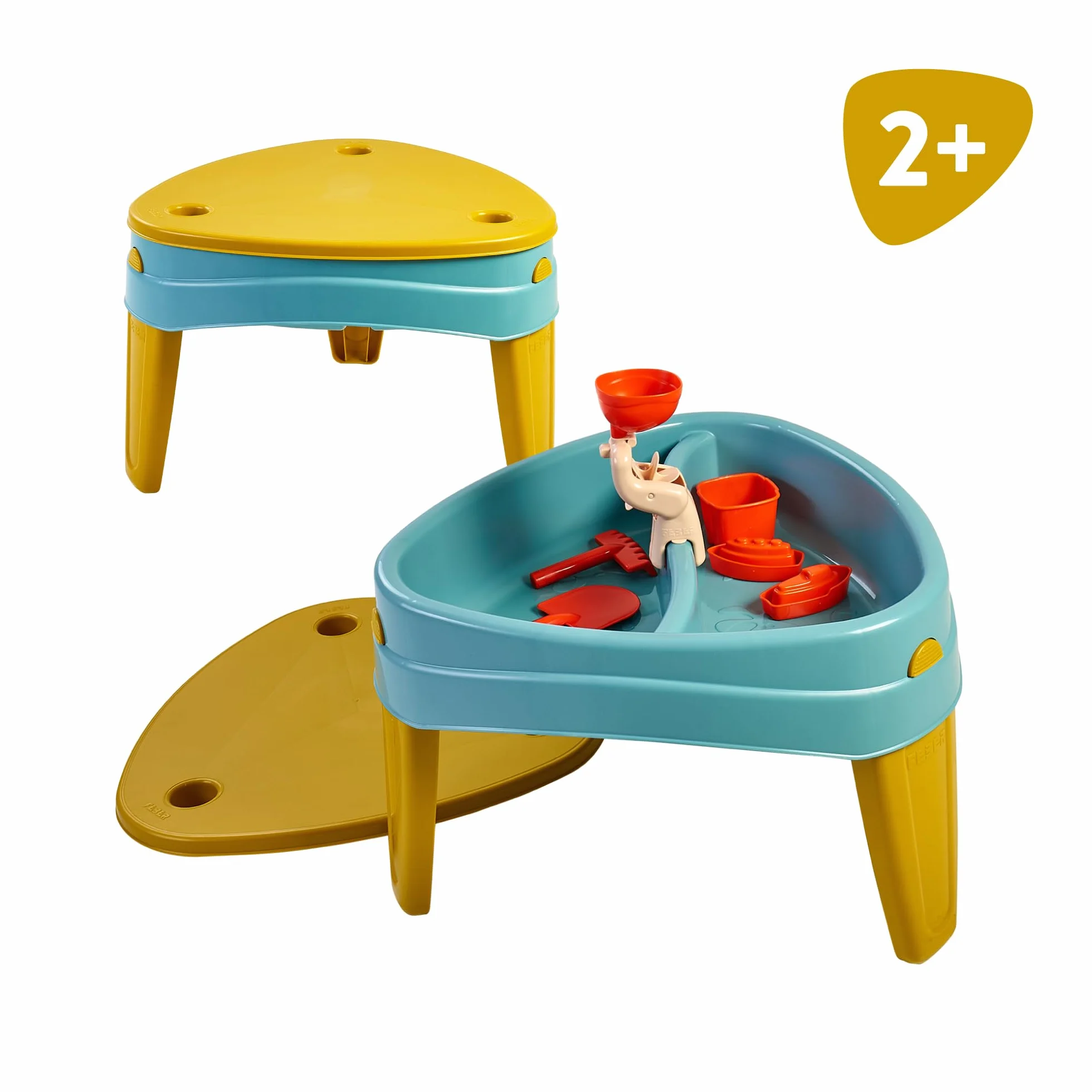 FEBER Casual Play Table, Stół do zabaw 3 w 1, Stolik dziecięcy do ogrodu zewnętrznego, 3 przegródki na wodę, piasek i rysunki, w zestawie akcesoria do gier, +2 lata, Famosa (FEU14000)