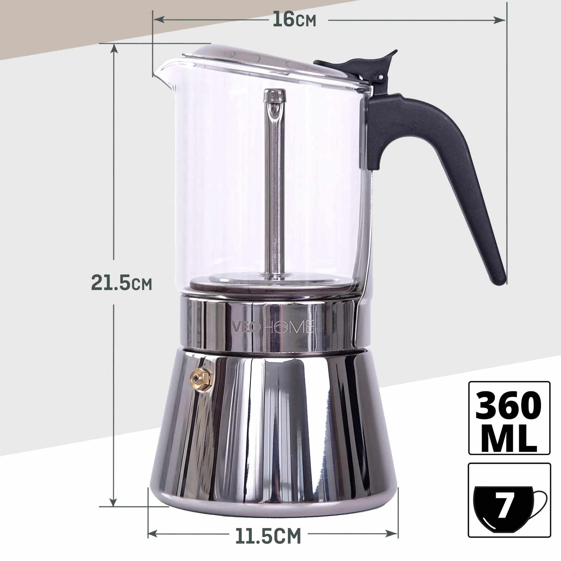 VeoHome Włoski ekspres do kawy ze szkła i stali nierdzewnej 360 ml, ekspres do kawy Moka do kuchenki indukcyjnej, gazowej, ceramicznej, styl espresso, 7 filiżanek, bezpieczny, można myć w zmywarce